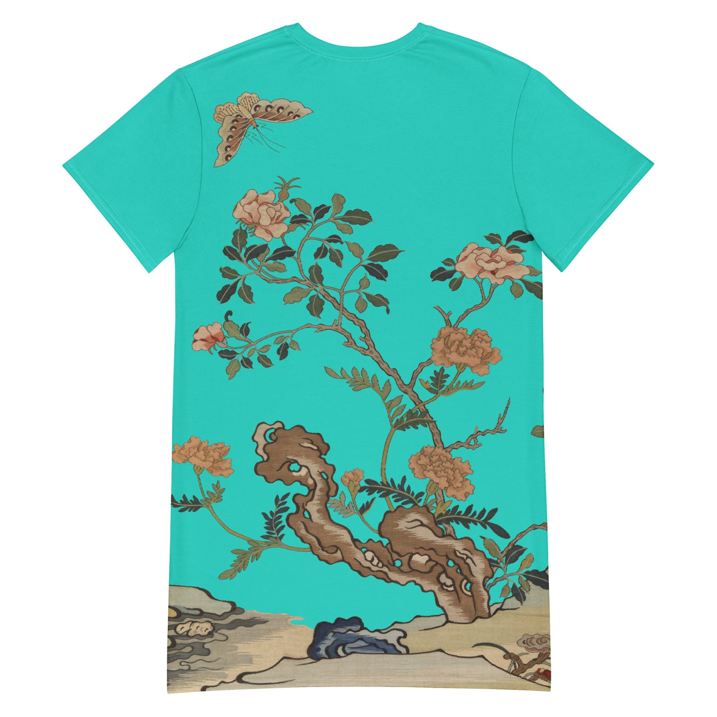 タペストリーの花|Camellia and Butterfly|T-shirt dress|Turquoise