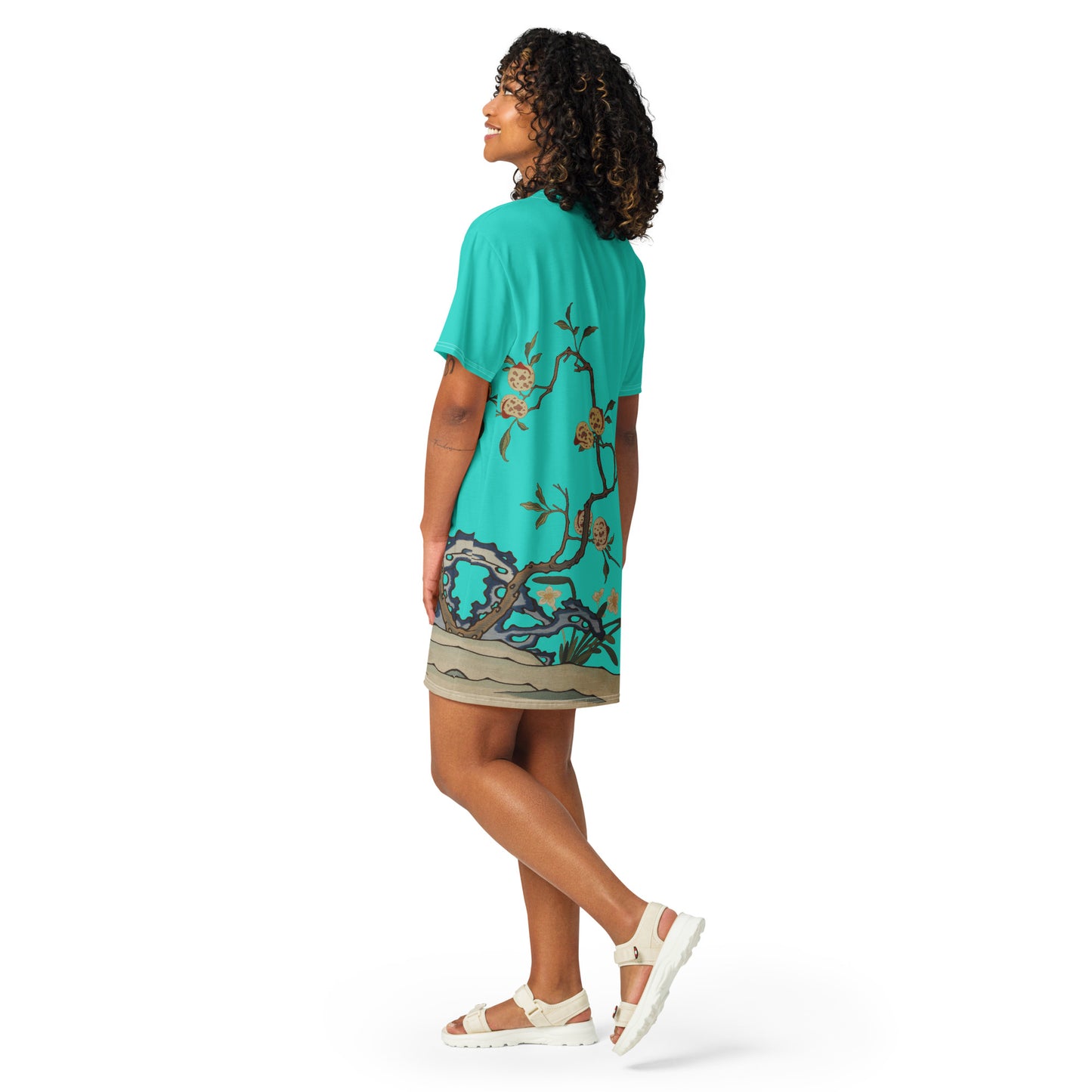 タペストリーの花|Narcissus and Peaches|T-shirt dress|Turquoise