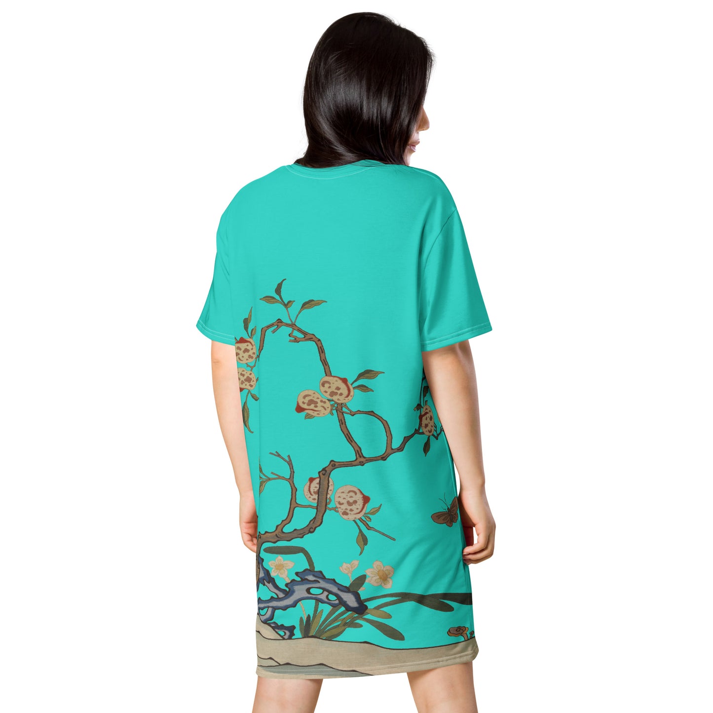 タペストリーの花|Narcissus and Peaches|T-shirt dress|Turquoise