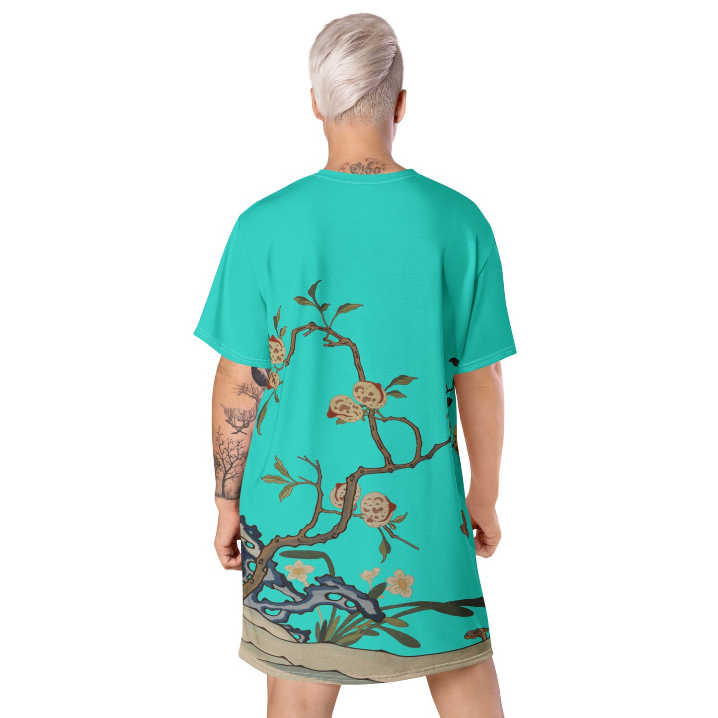 タペストリーの花|Narcissus and Peaches|T-shirt dress|Turquoise