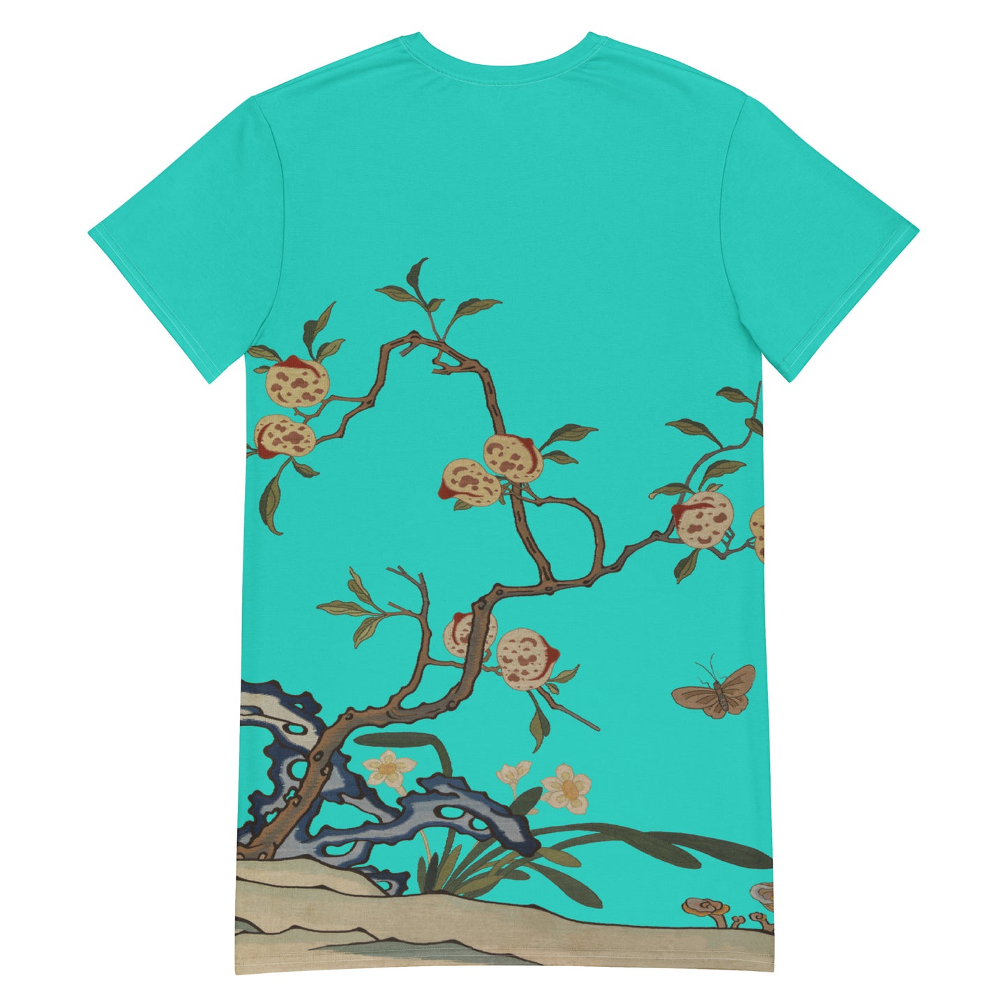 タペストリーの花|Narcissus and Peaches|T-shirt dress|Turquoise