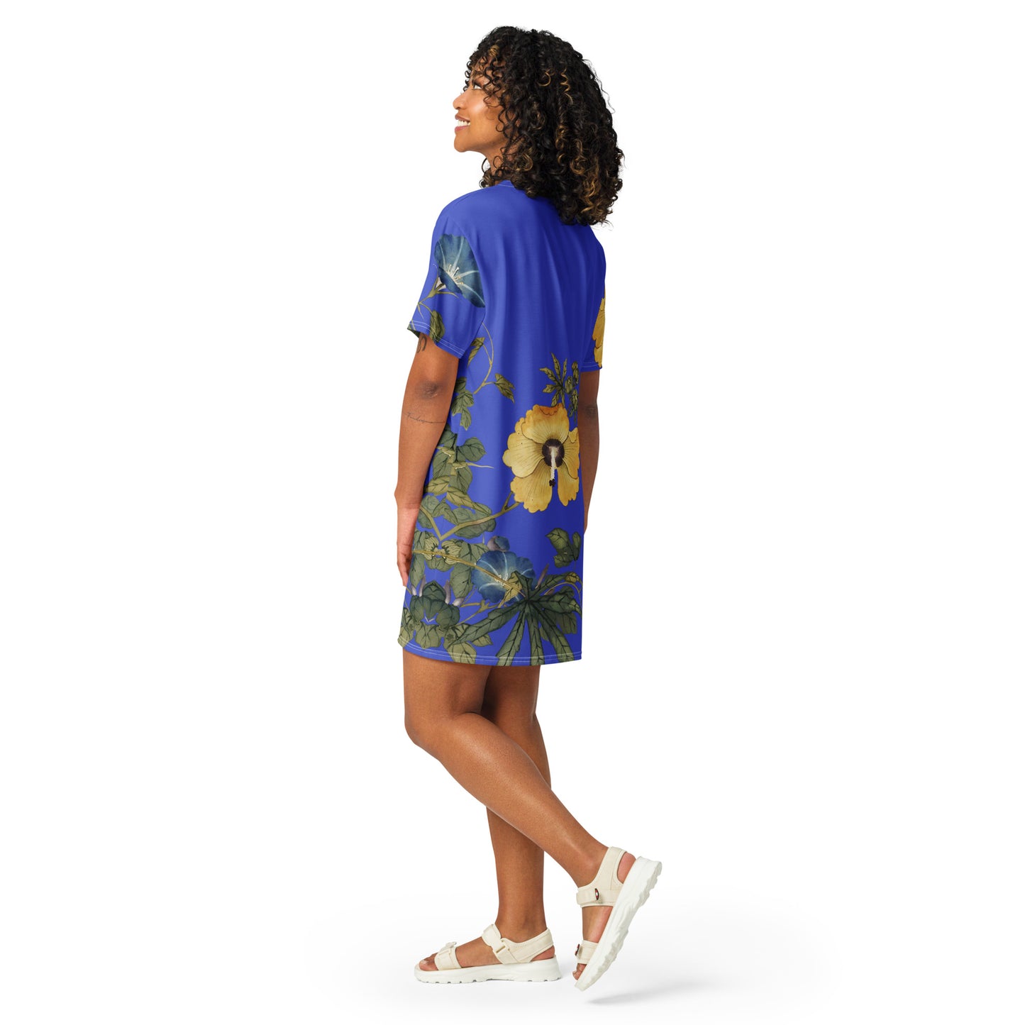 The Spirit of Flowers in Twelve Months|Okra and White-edged Morning Glory in Bloom|T-shirt dress|Royal blue
