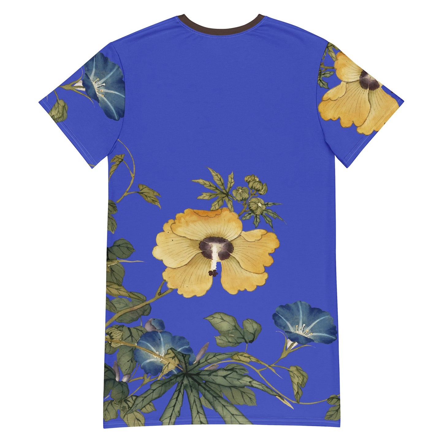The Spirit of Flowers in Twelve Months|Okra and White-edged Morning Glory in Bloom|T-shirt dress|Royal blue