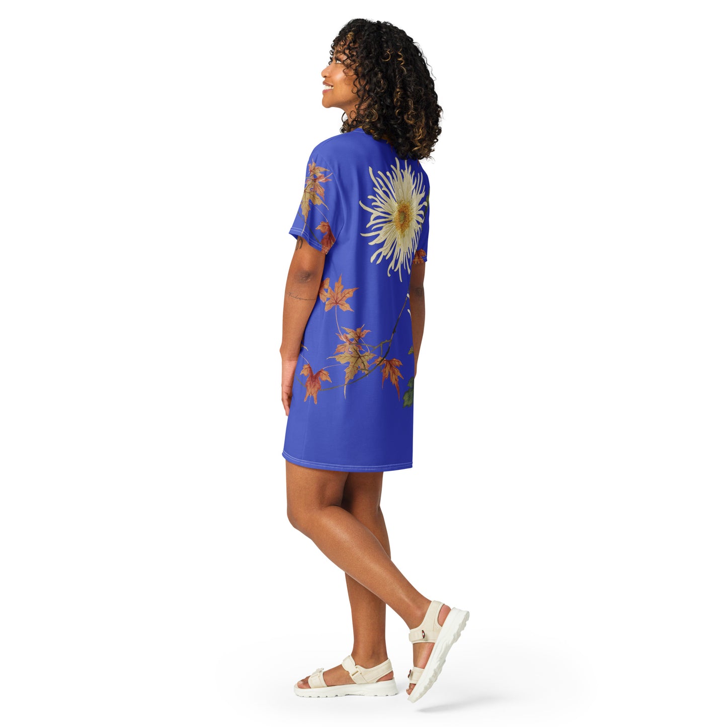 The Spirit of Flowers in Twelve Months|Blooming Chrysanthemum and Maple Leaves|T-shirt dress|Royal blue