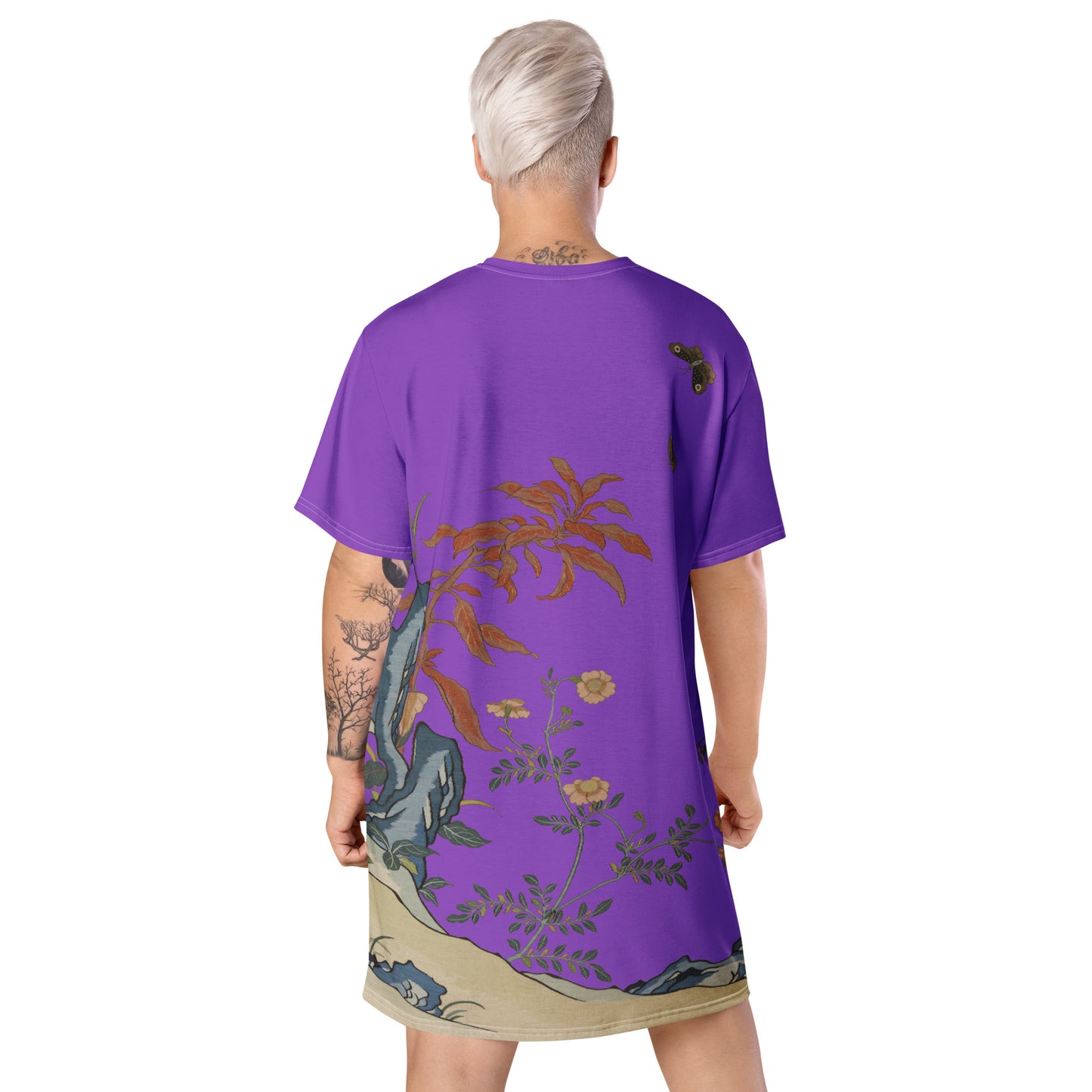 刻丝花卉|花蝶|T恤连衣裙|紫色