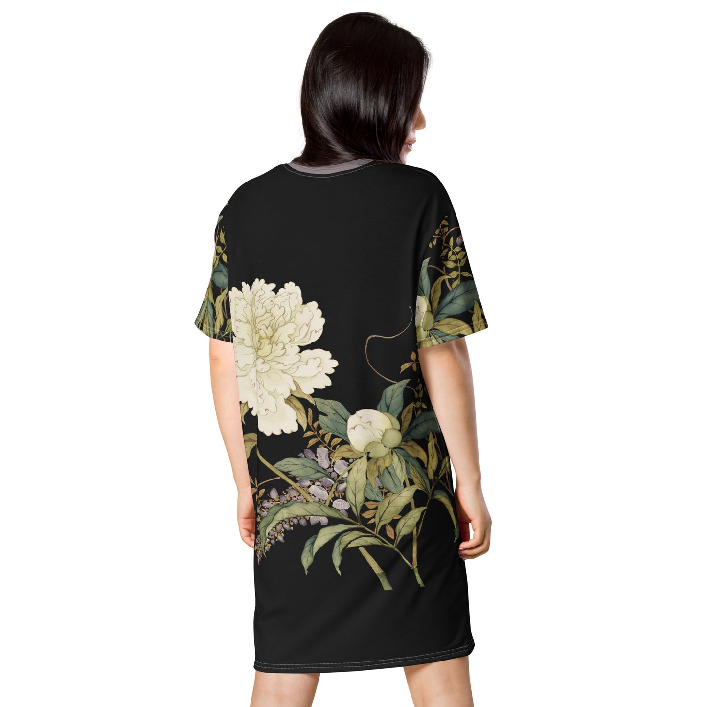The Spirit of Flowers in Twelve Months|Chinese Peony and Wisteria in Bloom|T-shirt dress|Black