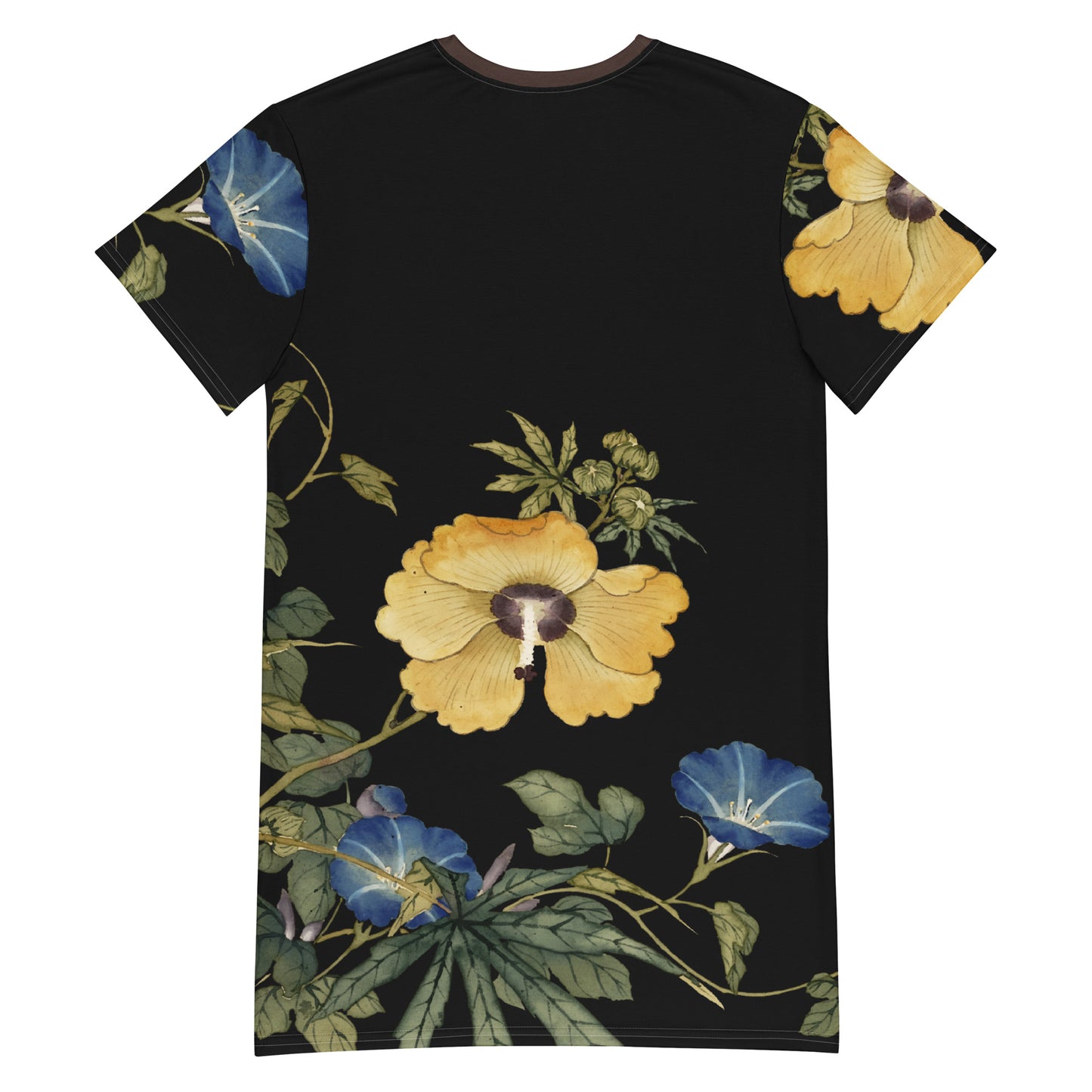 The Spirit of Flowers in Twelve Months|Okra and White-edged Morning Glory in Bloom|T-shirt dress|Black