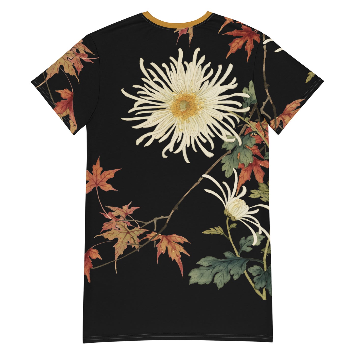 The Spirit of Flowers in Twelve Months|Blooming Chrysanthemum and Maple Leaves|T-shirt dress|Black