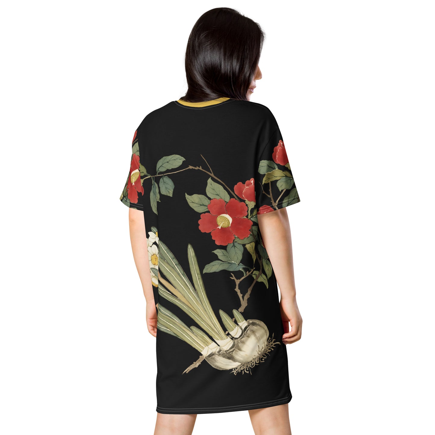 The Spirit of Flowers in Twelve Months|Narcissus and Camelia in Bloom|T-shirt dress|Black