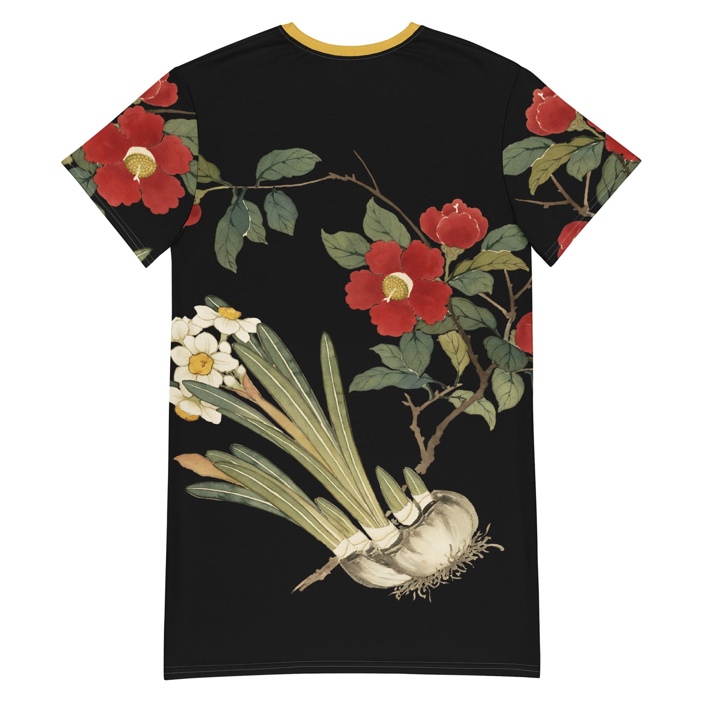 The Spirit of Flowers in Twelve Months|Narcissus and Camelia in Bloom|T-shirt dress|Black