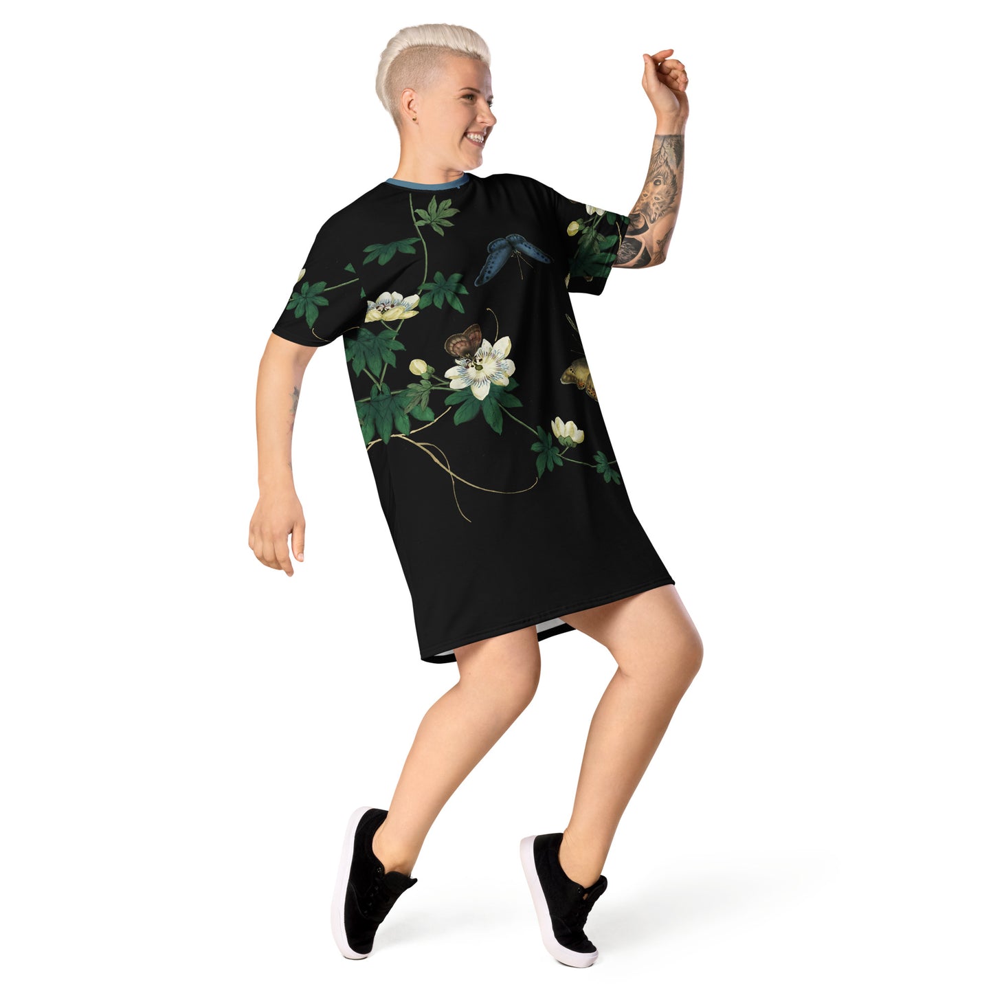 Cats And Butterflies Of Longevity|Butterflies amidst the Edible Fruited Passion Flowers|T-shirt dress