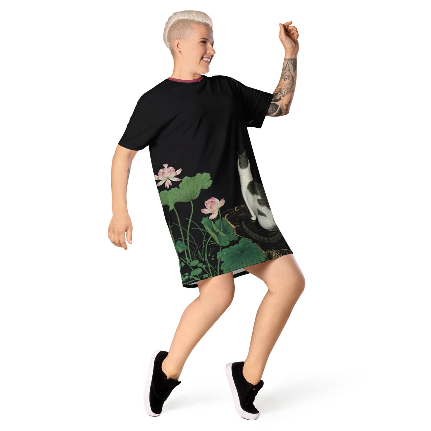 Cats And Butterflies Of Longevity|A Cat amidst the Lotus in Bloom|T-shirt dress