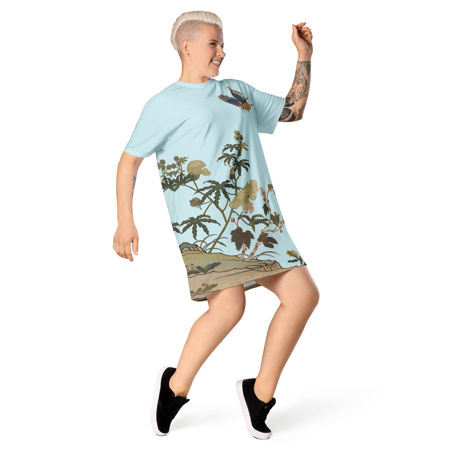Kesi Flower Album|Hibiscus and Begonia Blossoms|T-shirt dress|Aqua blue