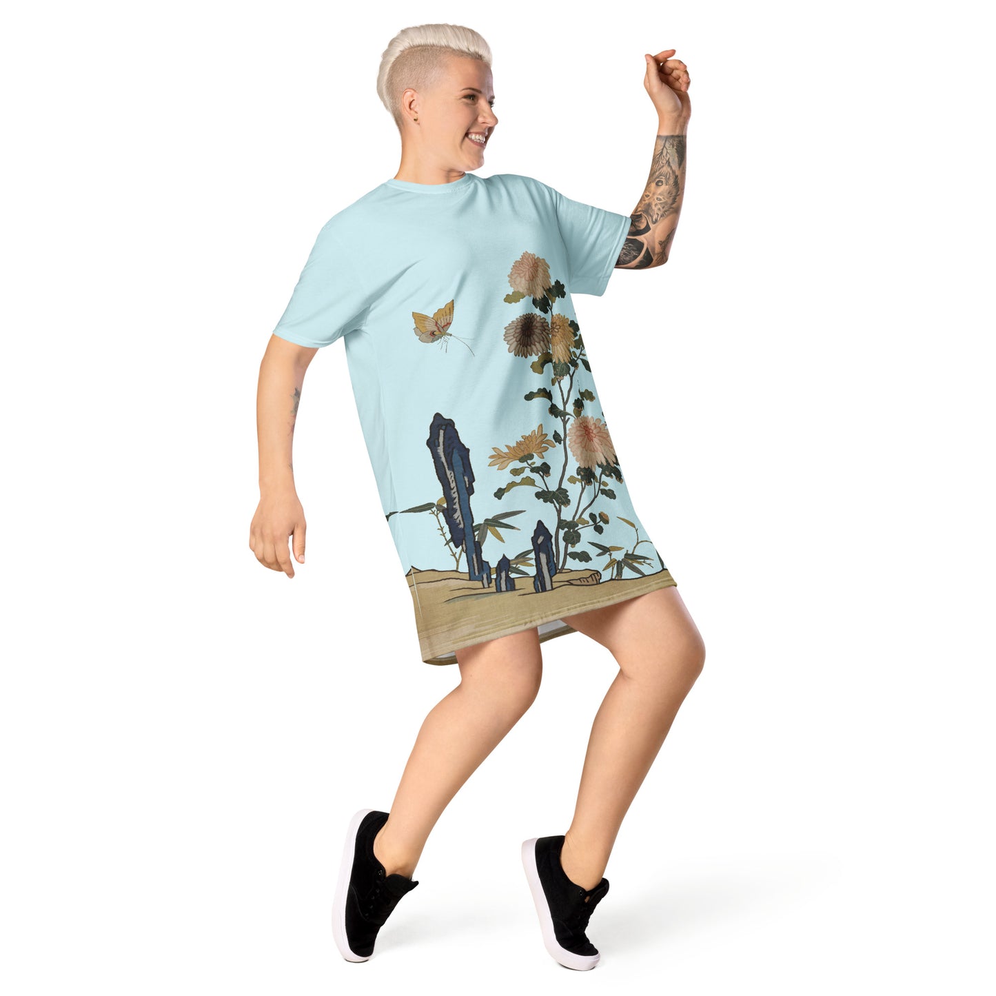 Kesi Flower Album|Chrysanthemums and Butterflies|T-shirt dress|Aqua blue