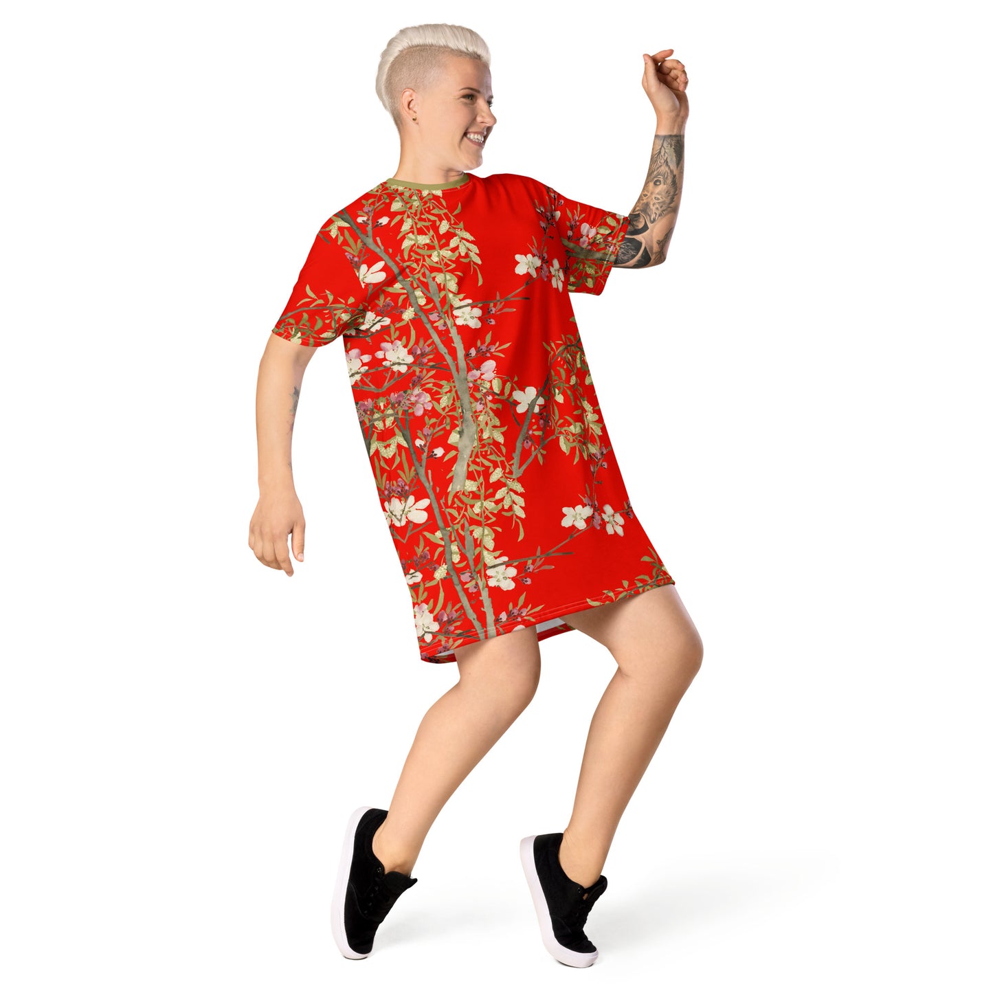 The Spirit of Flowers in Twelve Months|Willow and Peach Blossom|T-shirt dress|Garnet red
