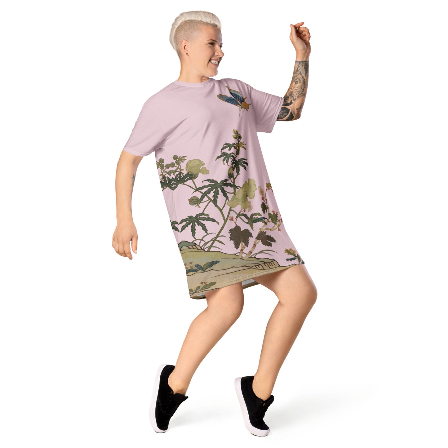 Kesi Flower Album|Hibiscus and Begonia Blossoms|T-shirt dress|Pale pinkish gray