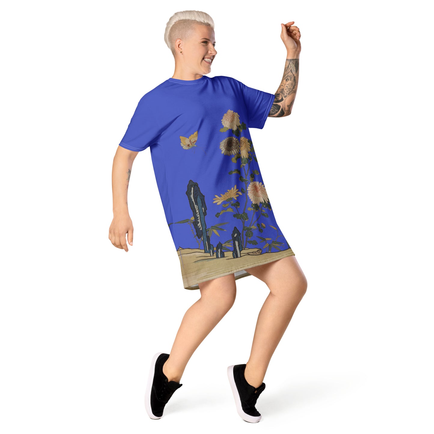 Kesi Flower Album|Chrysanthemums and Butterflies|T-shirt dress|Royal blue