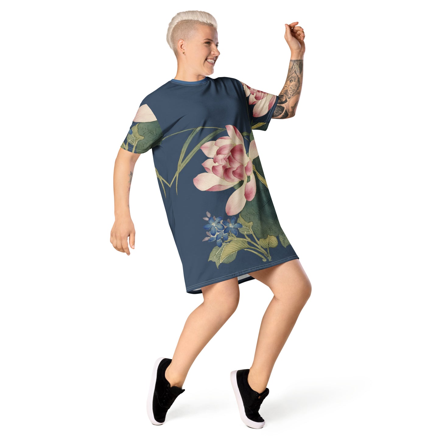 The Spirit of Flowers in Twelve Months|Lotus in Bloom|T-shirt dress|Dark blue