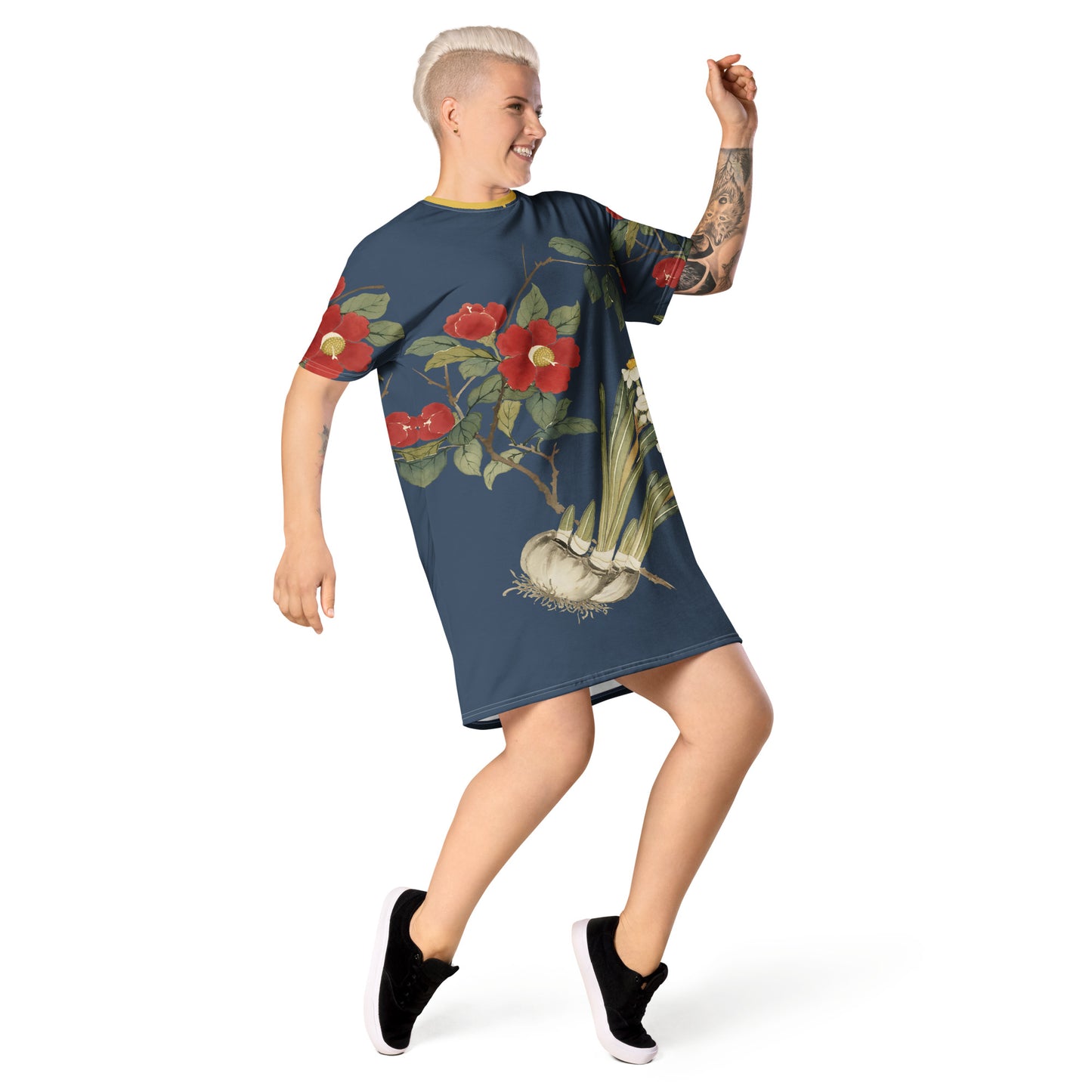 The Spirit of Flowers in Twelve Months|Narcissus and Camelia in Bloom|T-shirt dress|Dark blue