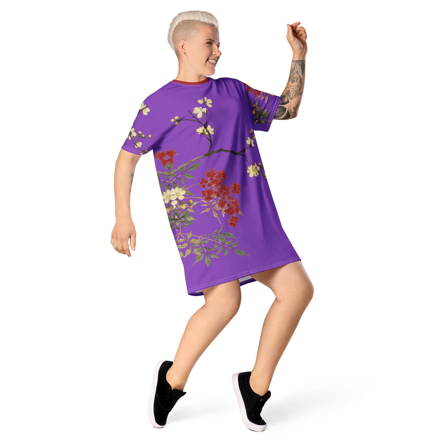 The Spirit of Flowers in Twelve Months|Blooming Wintersweet and Heavenly Bamboo|T-shirt dress|Purple