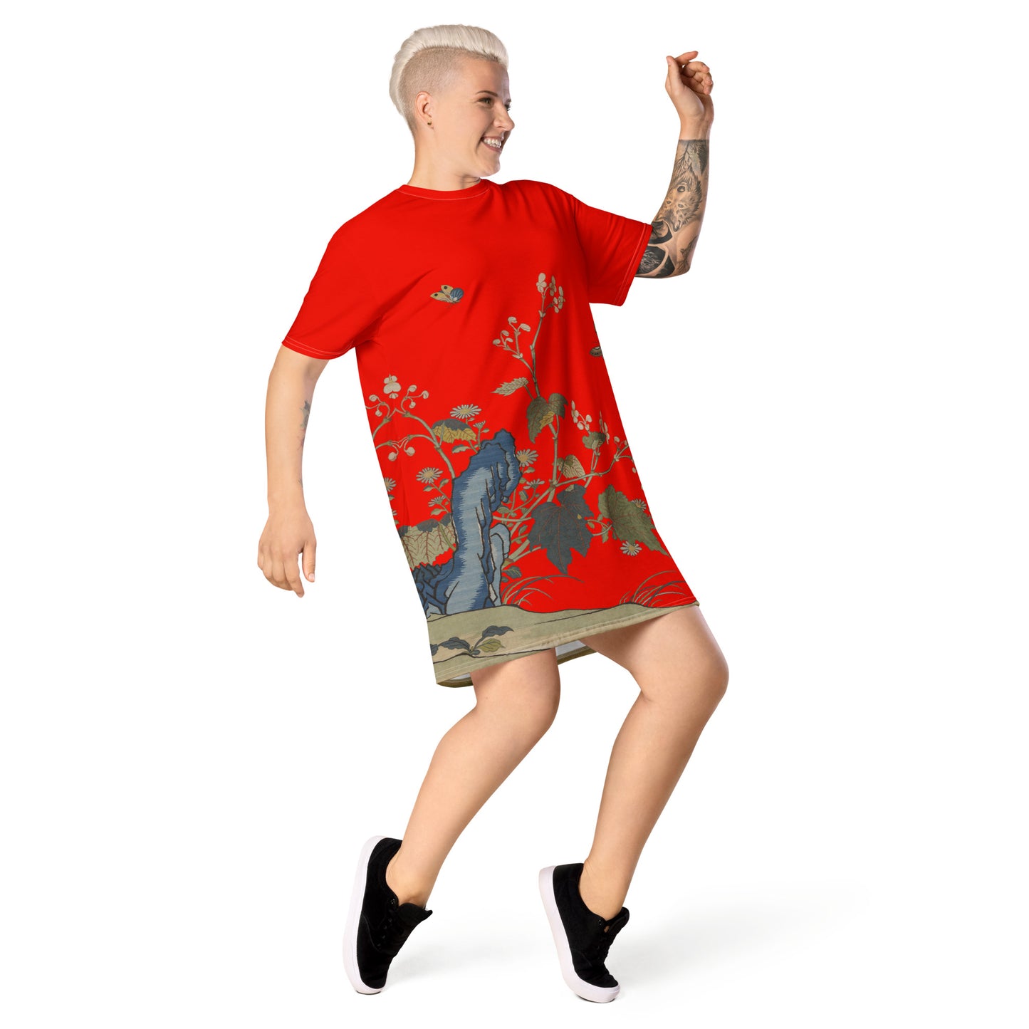 タペストリーの花|Begonia Blossoms|T-shirt dress|Garnet red
