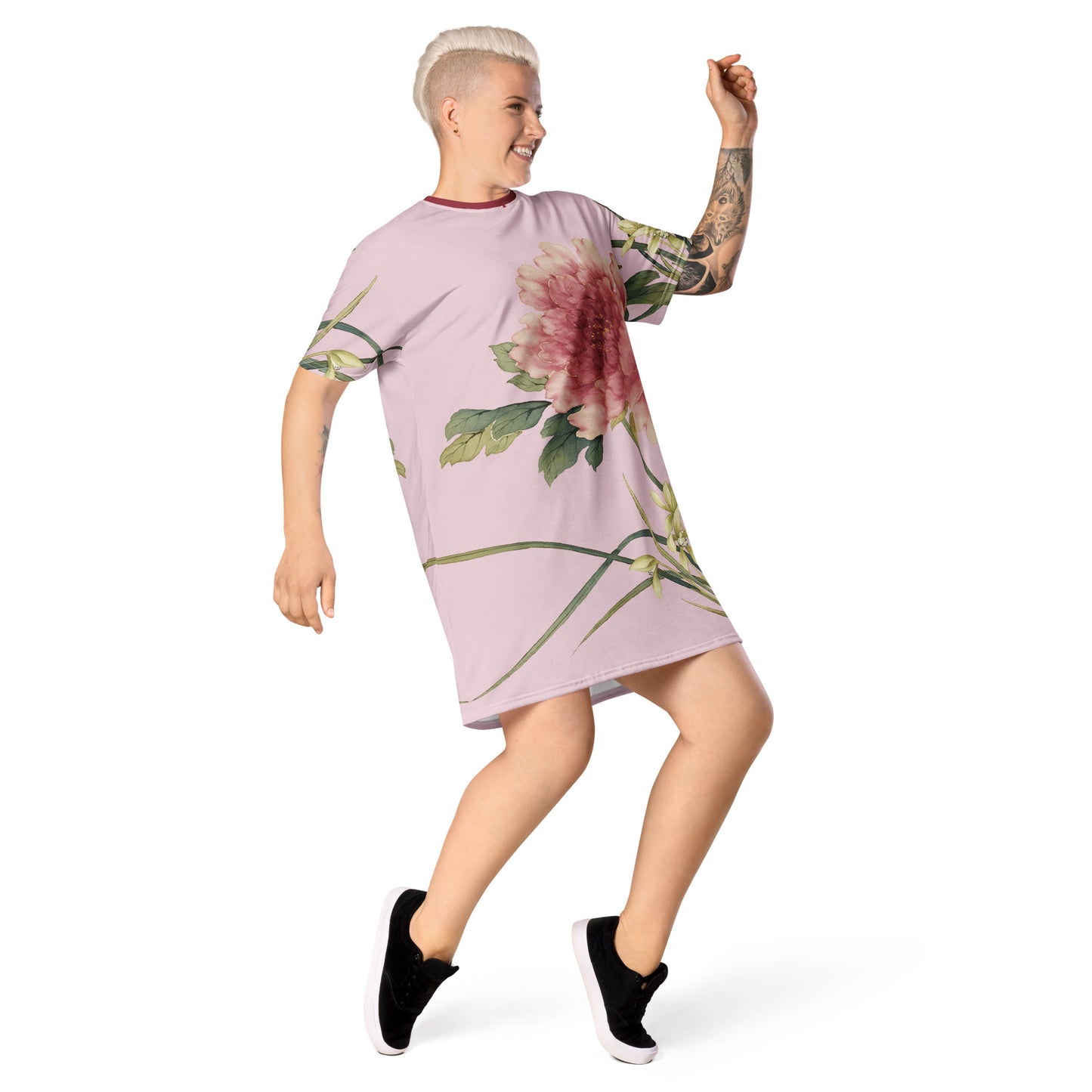 The Spirit of Flowers in Twelve Months|Orchid and Tree Peony in Bloom|T-shirt dress|Pale pinkish gray