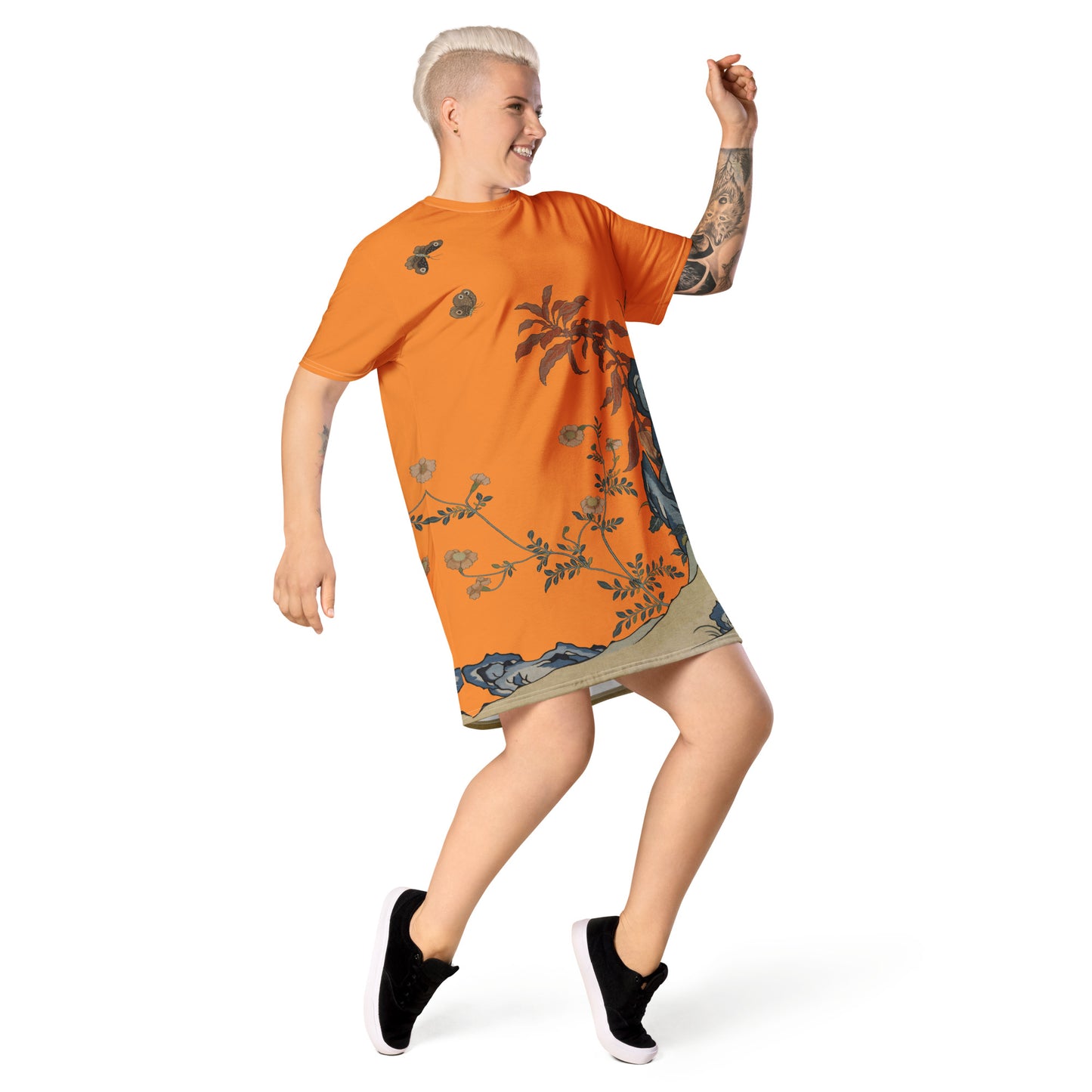 タペストリーの花|Butterflies and Flowers|T-shirt dress|Orange