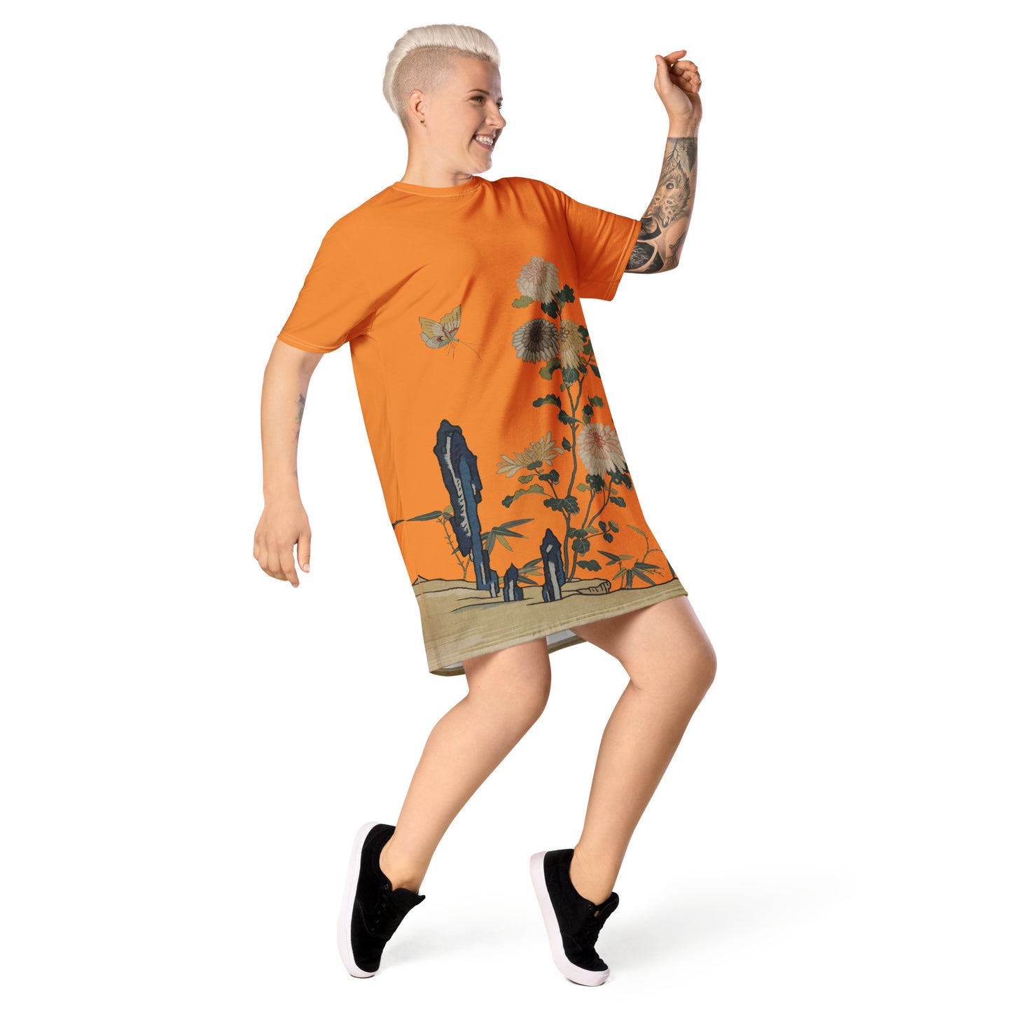 タペストリーの花|Chrysanthemums and Butterflies|T-shirt dress|Orange