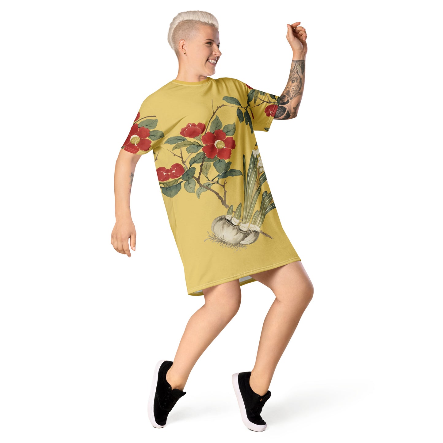 The Spirit of Flowers in Twelve Months|Narcissus and Camelia in Bloom|T-shirt dress|Gold