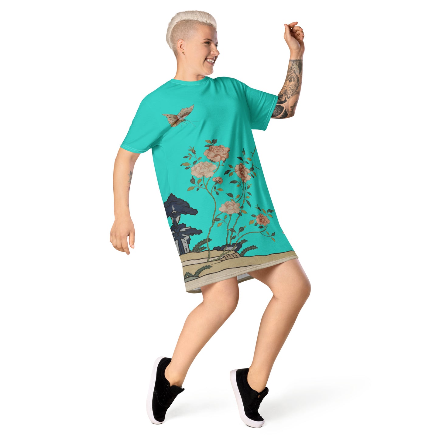 タペストリーの花|Red Roses|Tシャツドレス|ターコイズ