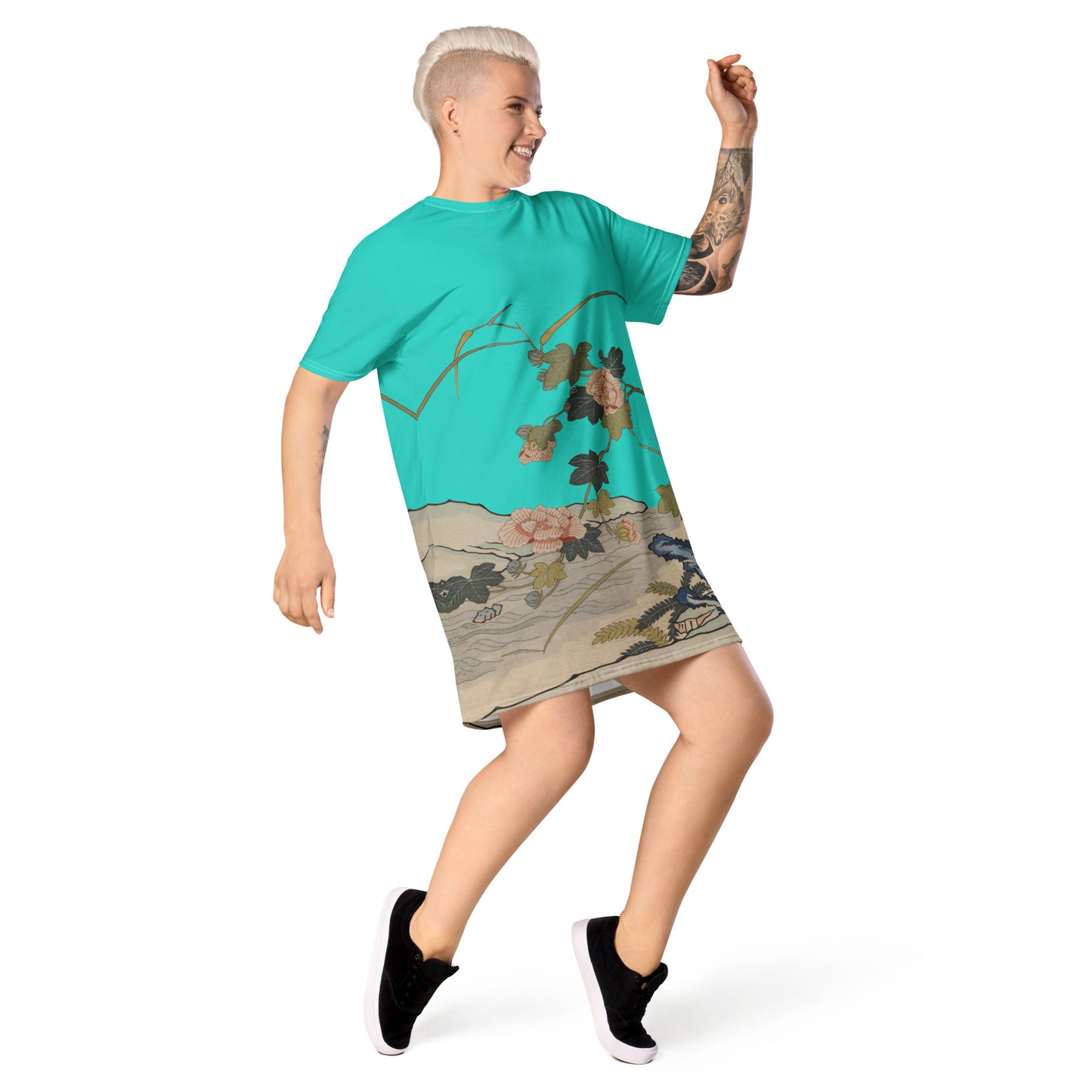 タペストリーの花|Hibiscus by the Water|T-shirt dress|Turquoise