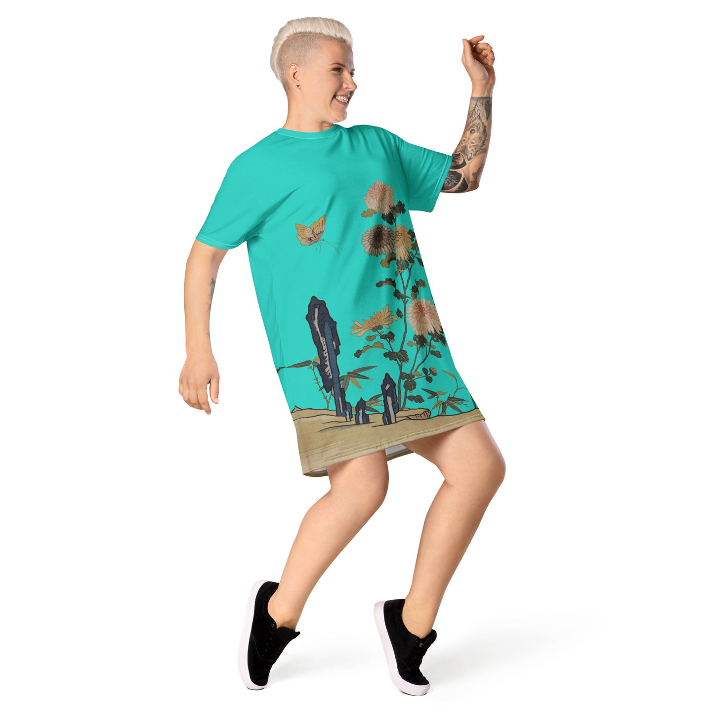 タペストリーの花|Chrysanthemums and Butterflies|T-shirt dress|Turquoise