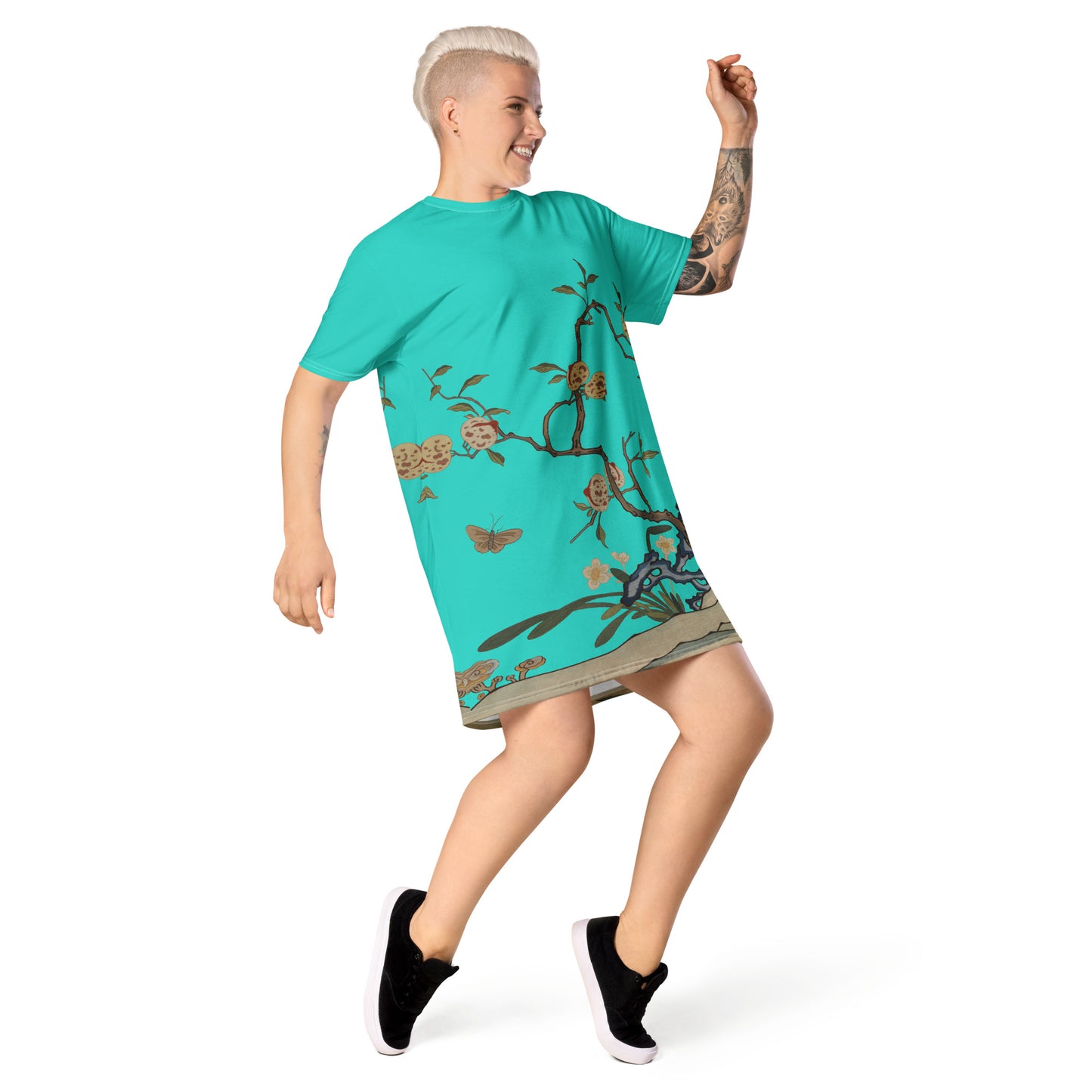 タペストリーの花|Narcissus and Peaches|T-shirt dress|Turquoise