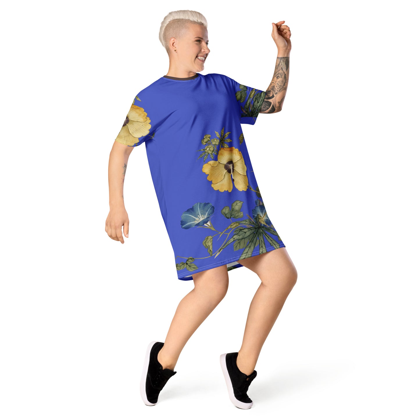 The Spirit of Flowers in Twelve Months|Okra and White-edged Morning Glory in Bloom|T-shirt dress|Royal blue