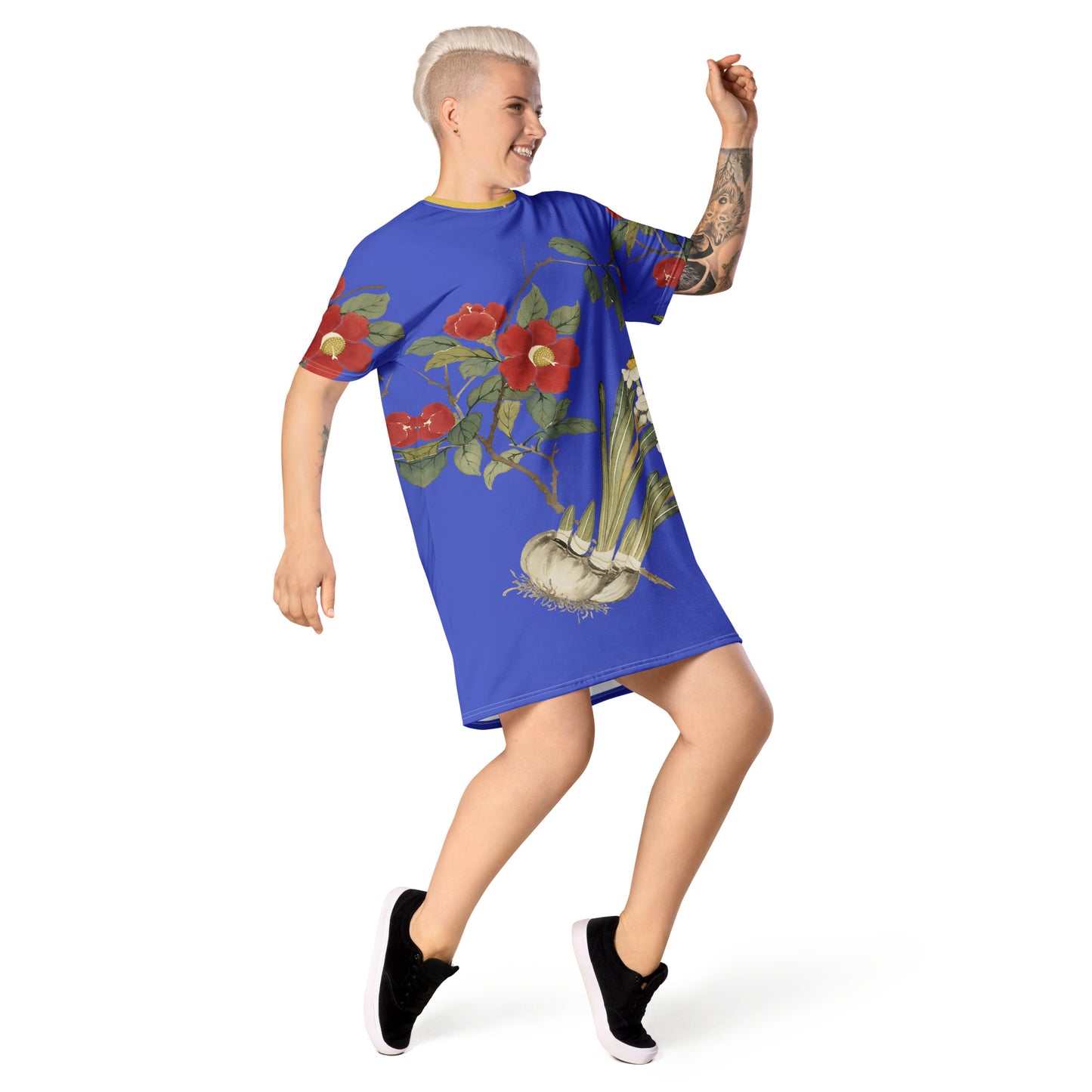 The Spirit of Flowers in Twelve Months|Narcissus and Camelia in Bloom|T-shirt dress|Royal blue