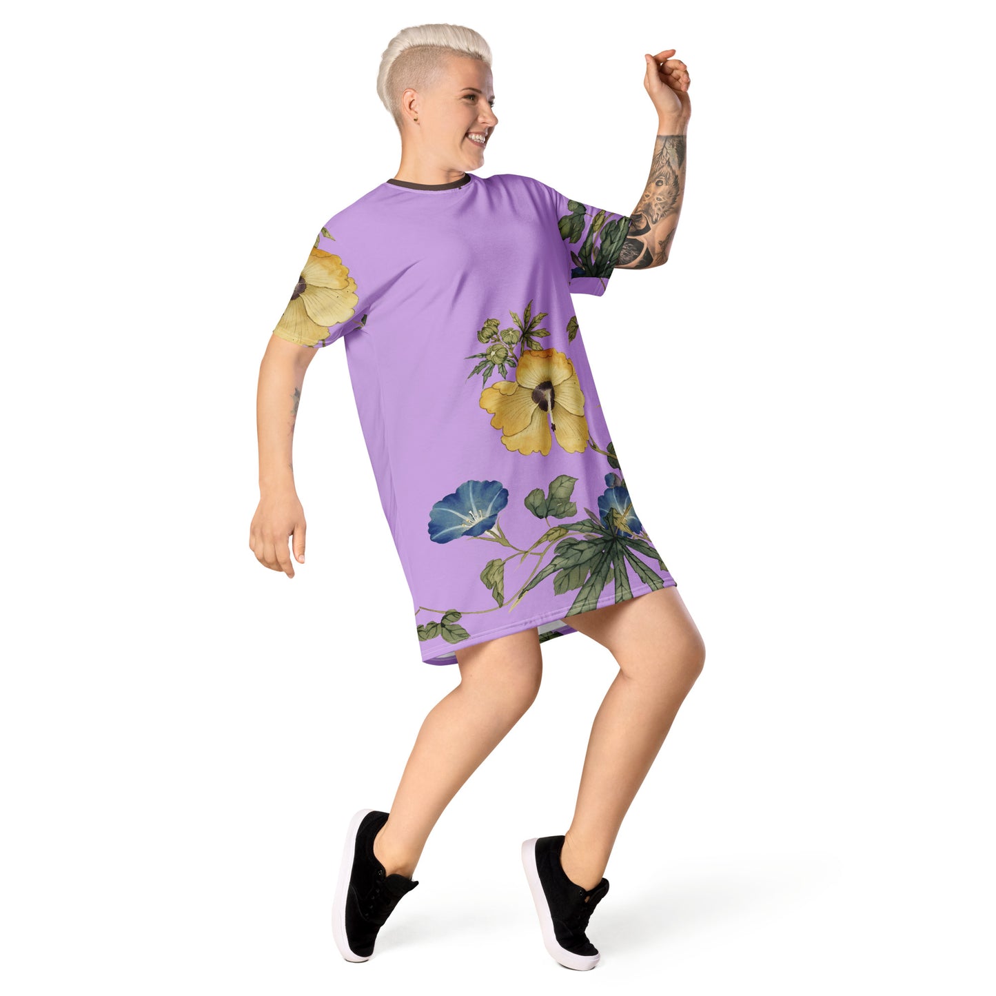 The Spirit of Flowers in Twelve Months|Okra and White-edged Morning Glory in Bloom|T-shirt dress|Lilac
