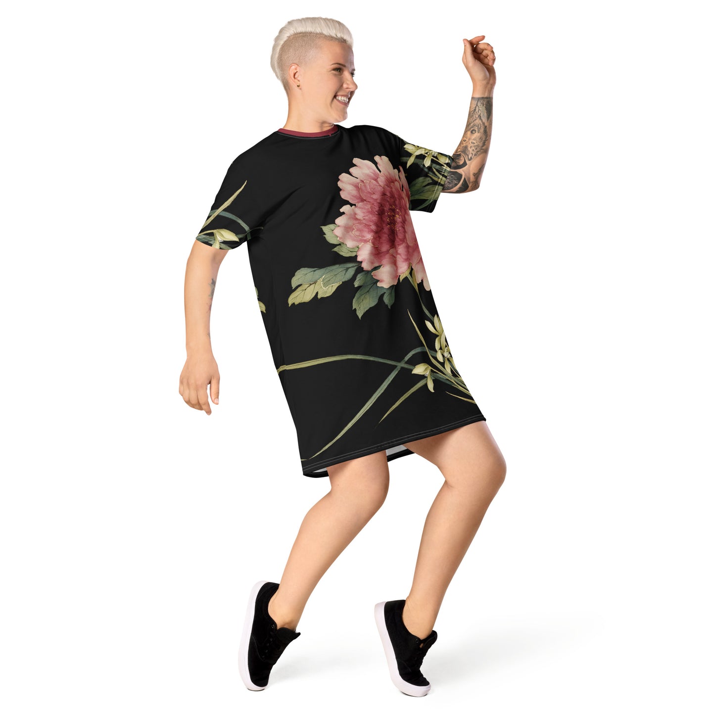 The Spirit of Flowers in Twelve Months|Orchid and Tree Peony in Bloom|T-shirt dress|Black