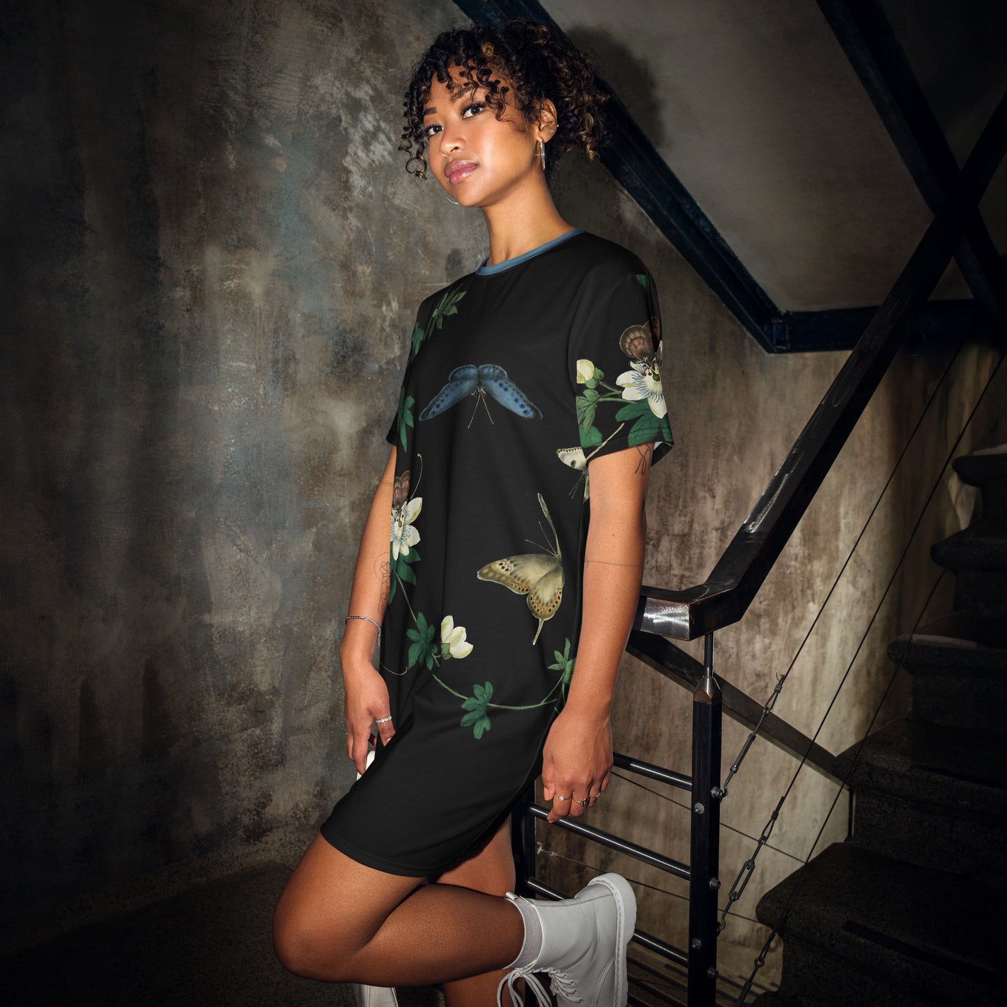 Cats And Butterflies Of Longevity|Butterflies amidst the Edible Fruited Passion Flowers|T-shirt dress