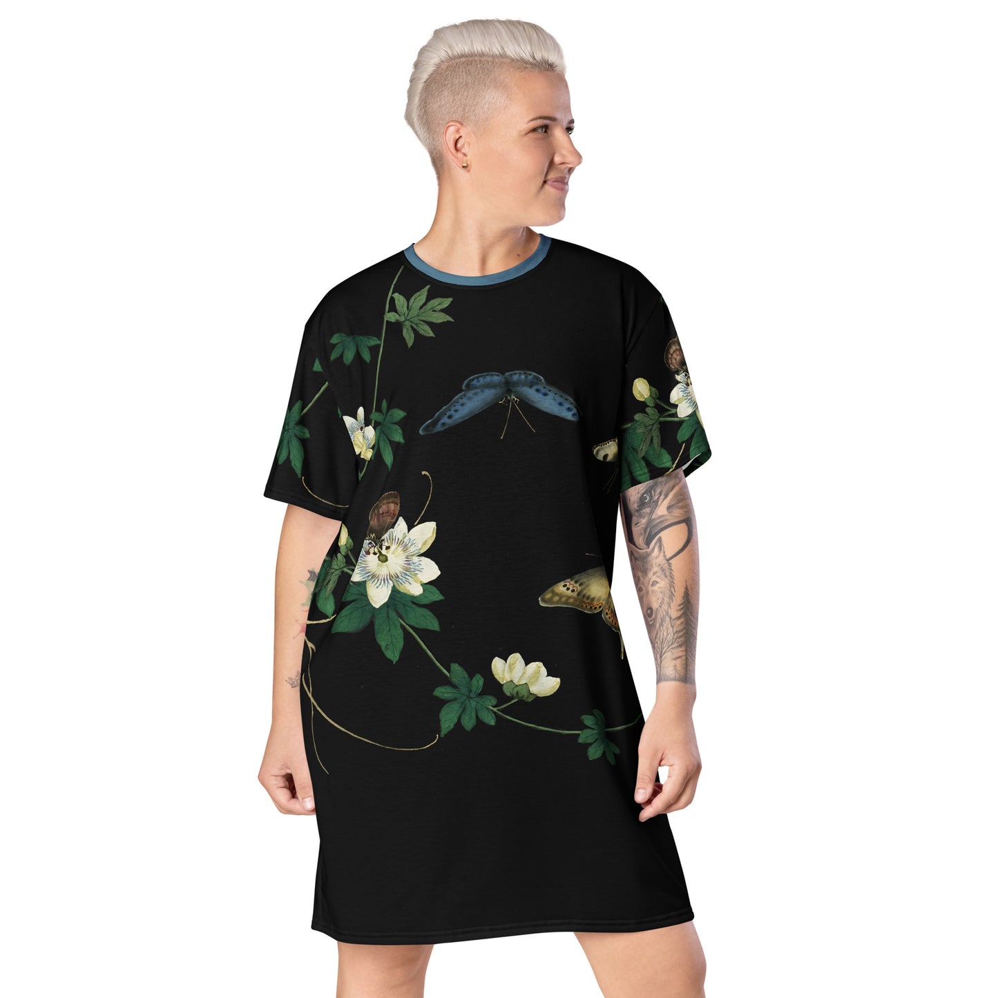Cats And Butterflies Of Longevity|Butterflies amidst the Edible Fruited Passion Flowers|T-shirt dress