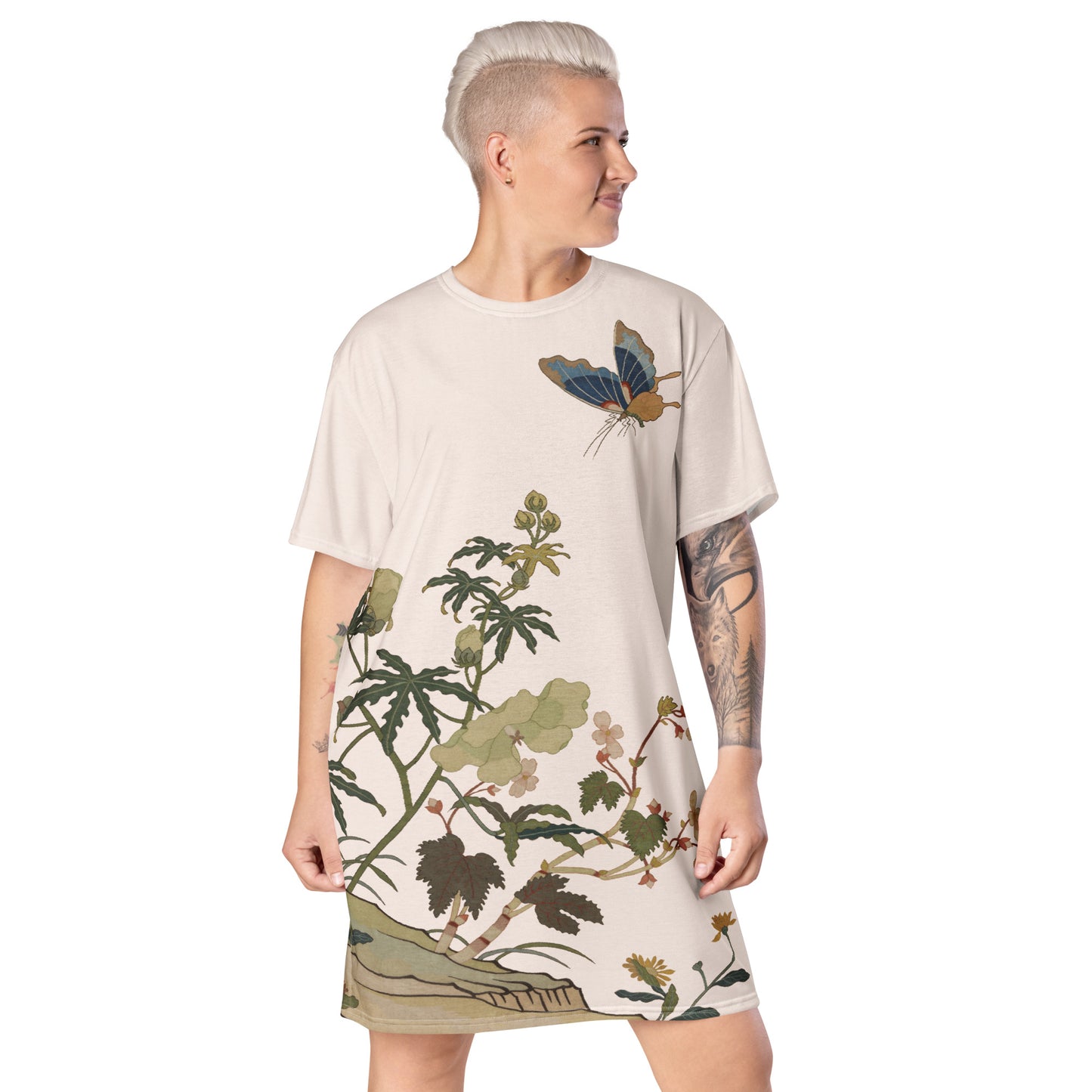 Kesi Flower Album|Hibiscus and Begonia Blossoms|T-shirt dress|Fish belly white