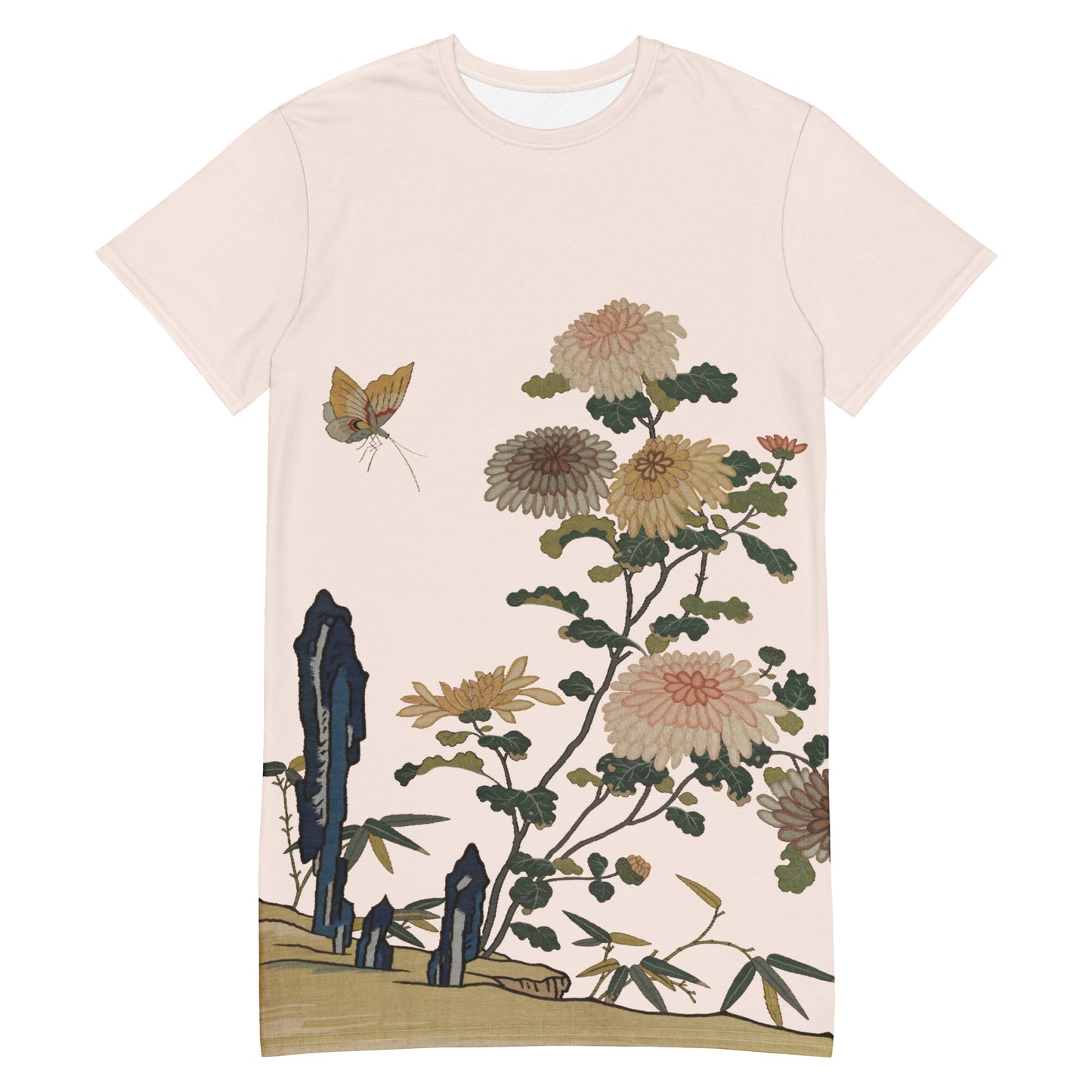 Kesi Flower Album|Chrysanthemums and Butterflies|T-shirt dress|Fish belly white
