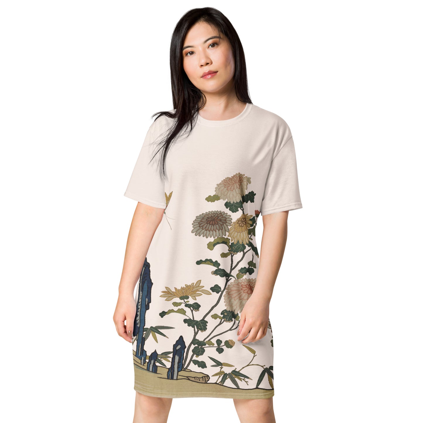 Kesi Flower Album|Chrysanthemums and Butterflies|T-shirt dress|Fish belly white