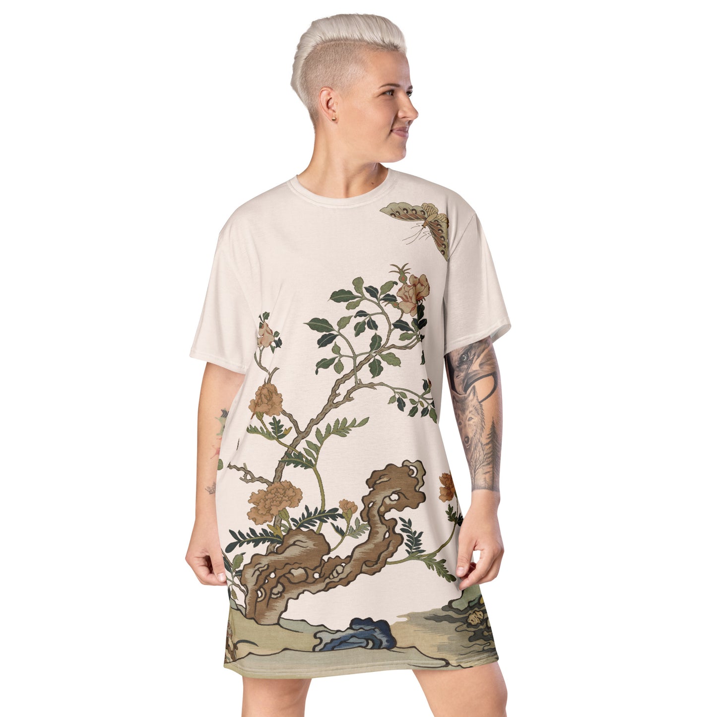Kesi Flower Album|Camellia and Butterfly|T-shirt dress|Fish belly white