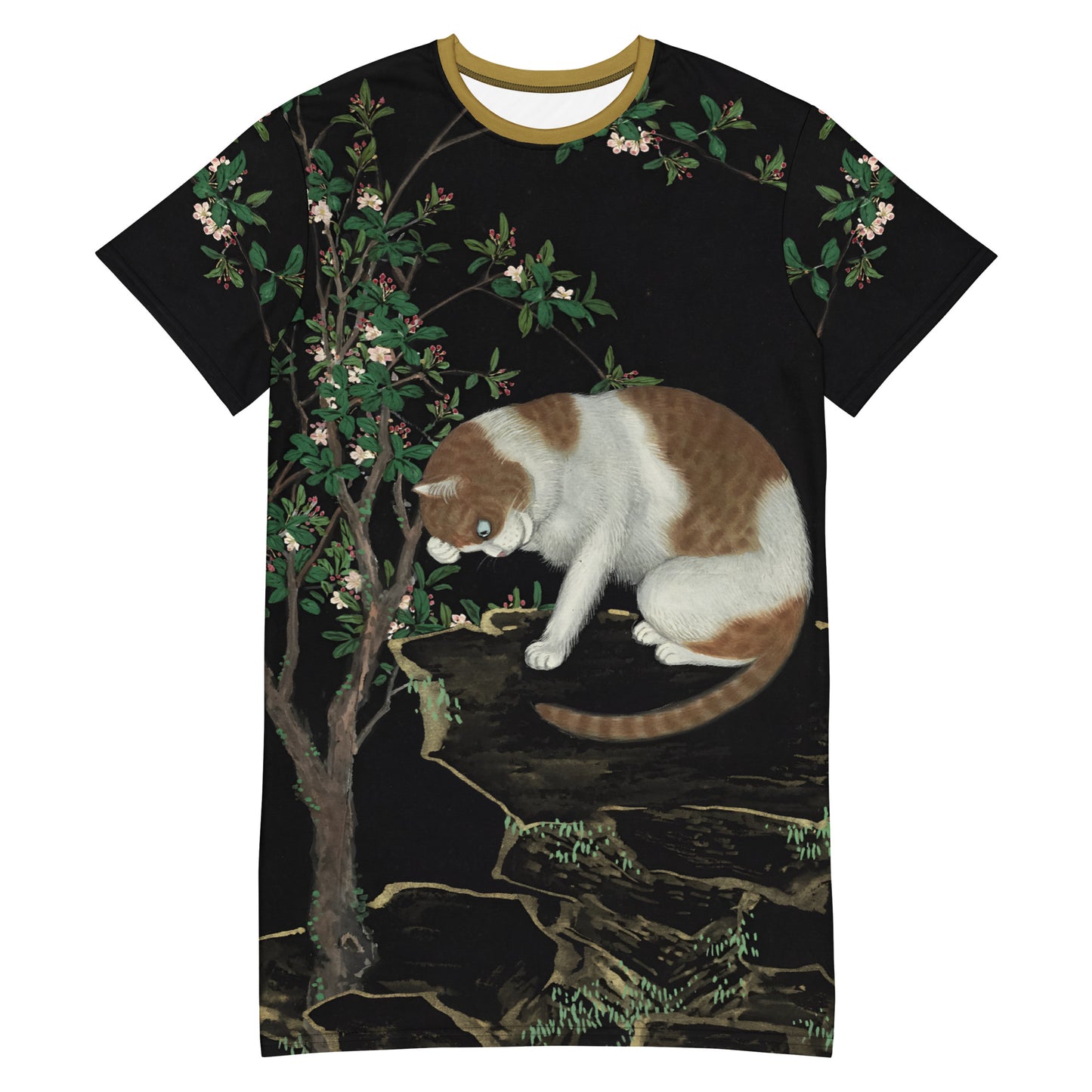 長寿の猫と蝶|満開の林檎の木の下の猫|Tシャツワンピース