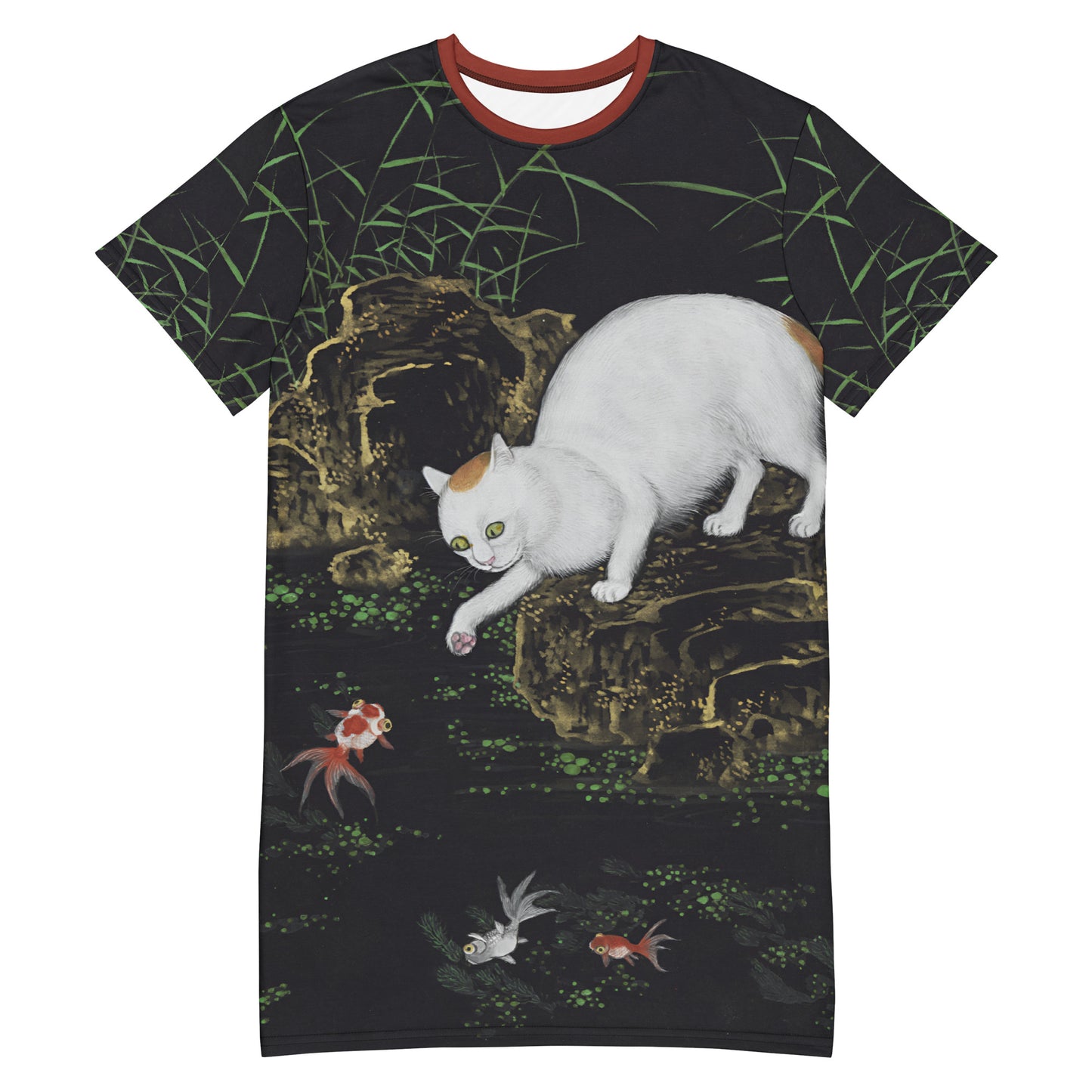 Cats And Butterflies Of Longevity|Cat with Fish and Aquatic Plants|T-shirt dress