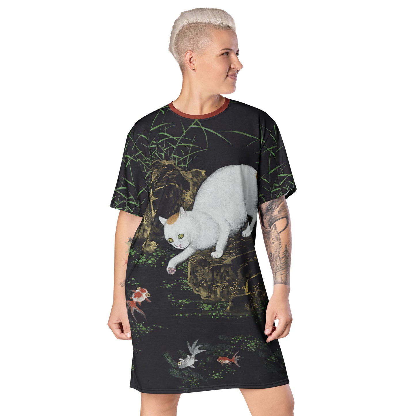 Cats And Butterflies Of Longevity|Cat with Fish and Aquatic Plants|T-shirt dress
