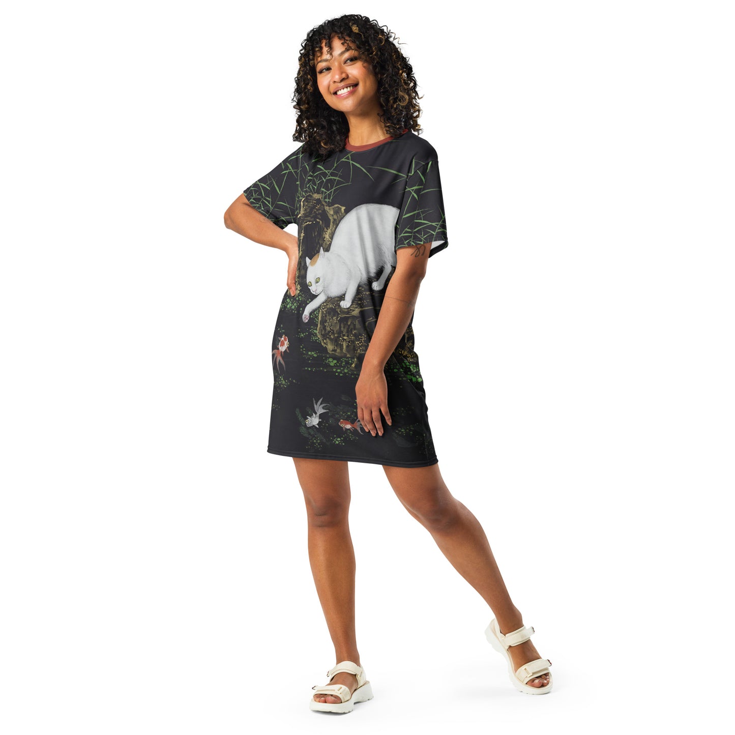 Cats And Butterflies Of Longevity|Cat with Fish and Aquatic Plants|T-shirt dress