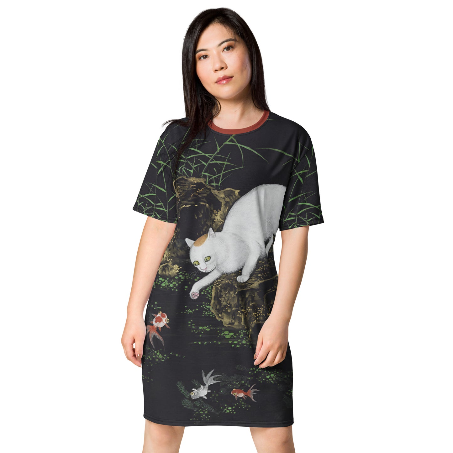 Cats And Butterflies Of Longevity|Cat with Fish and Aquatic Plants|T-shirt dress