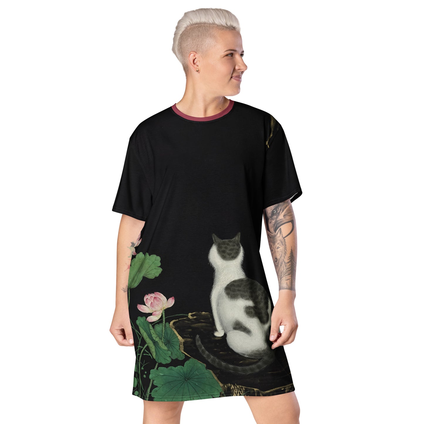 Cats And Butterflies Of Longevity|A Cat amidst the Lotus in Bloom|T-shirt dress