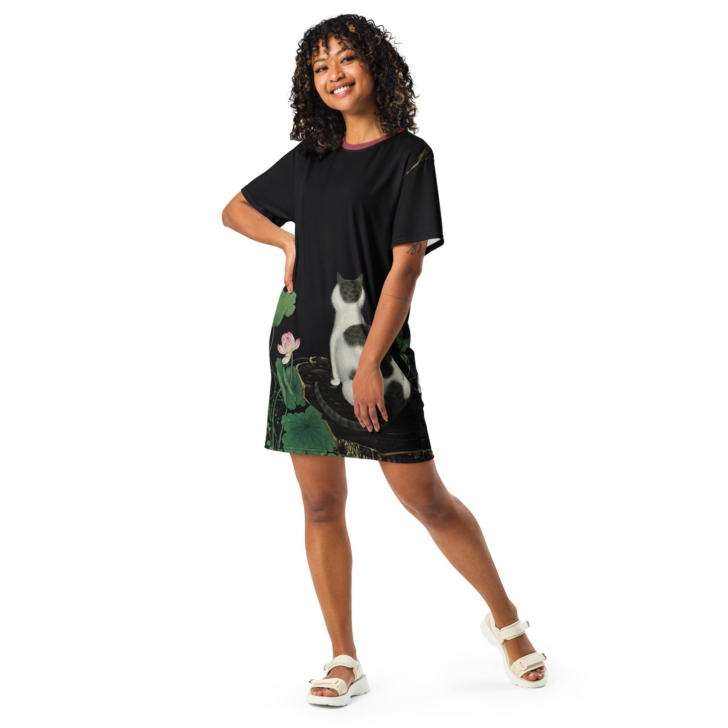 Cats And Butterflies Of Longevity|A Cat amidst the Lotus in Bloom|T-shirt dress